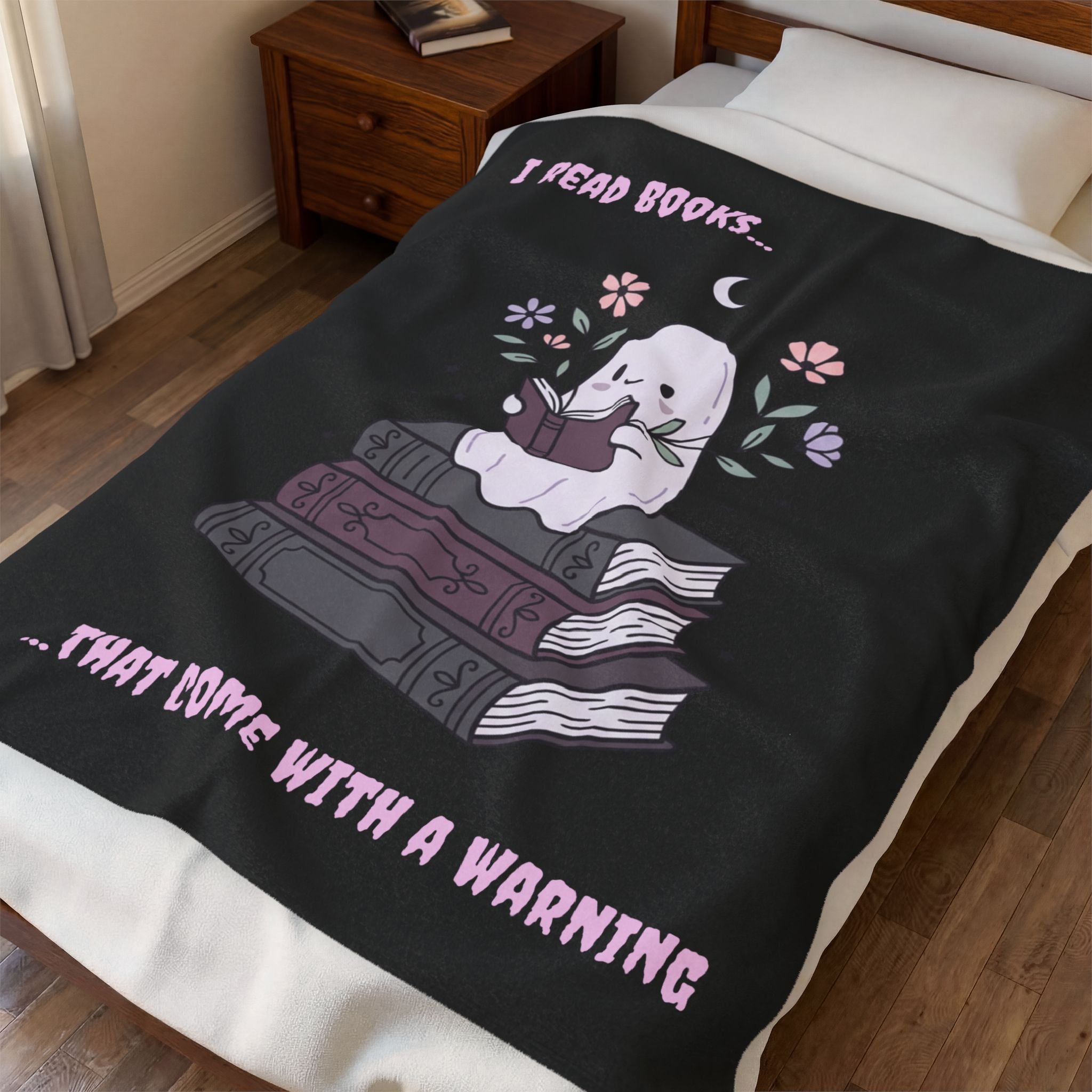 Velveteen Plush Blanket — Cute Ghost Reading ‘I Read Books…That Come With A Warning’ Cozy Throw