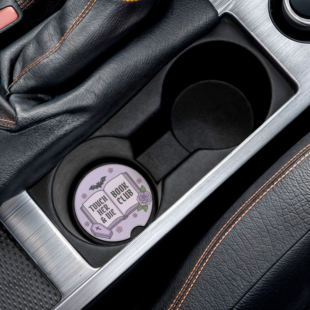 Gothic Book Club Soapstone Car Coaster — "Touch Her & Die" Purple Tombstone Design