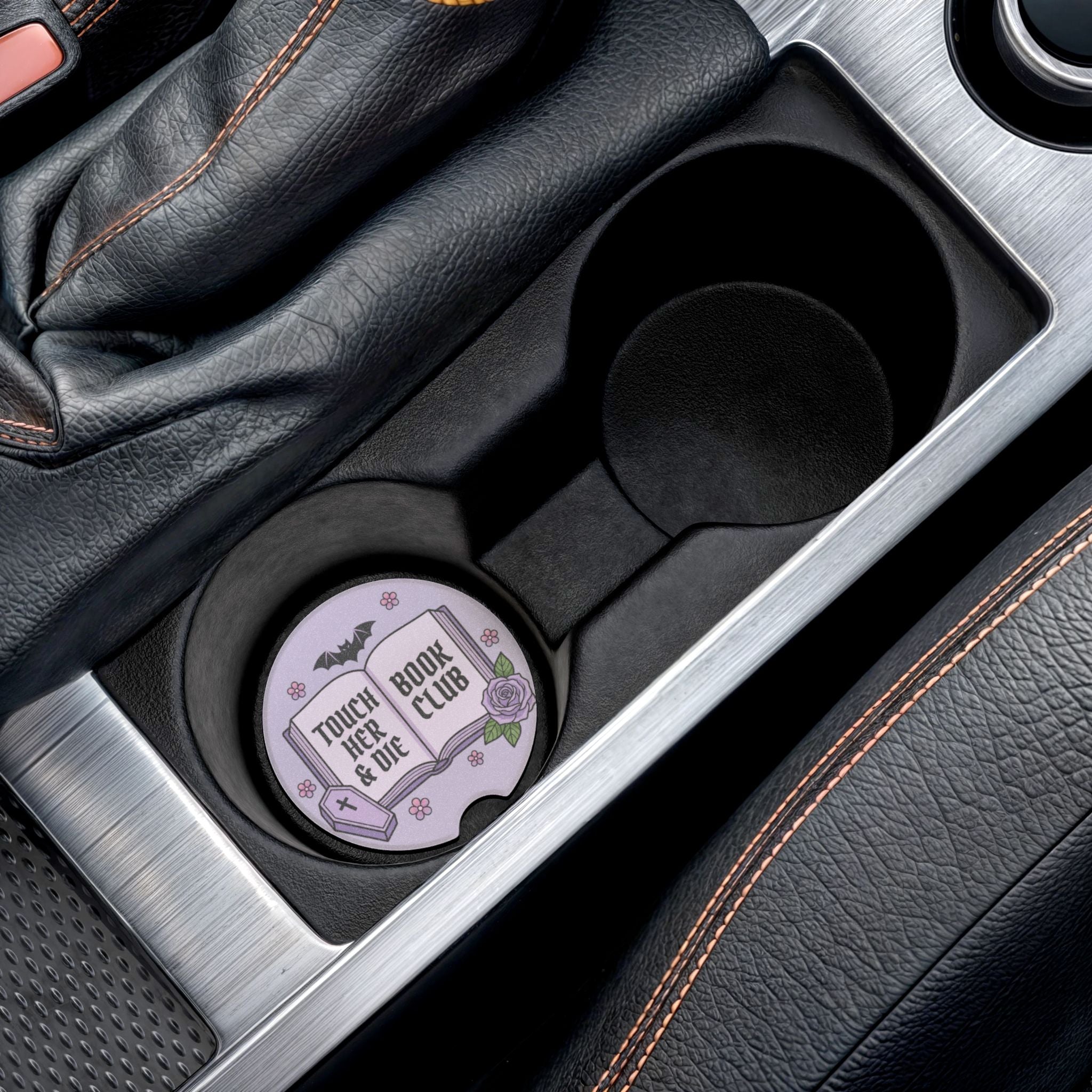 Gothic Book Club Soapstone Car Coaster — "Touch Her & Die" Purple Tombstone Design