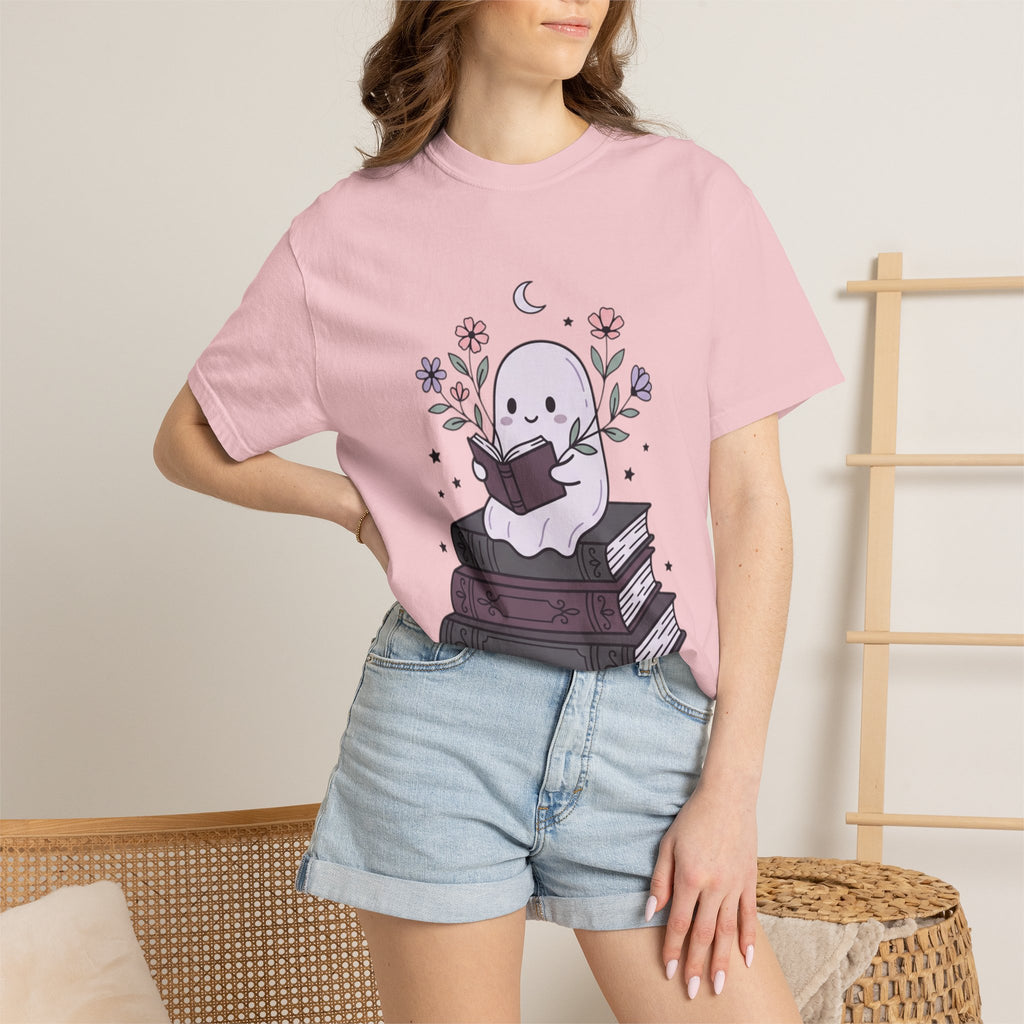 Ghost Reader T-Shirt — Cute Bookish Ghost Sitting on Stacked Books