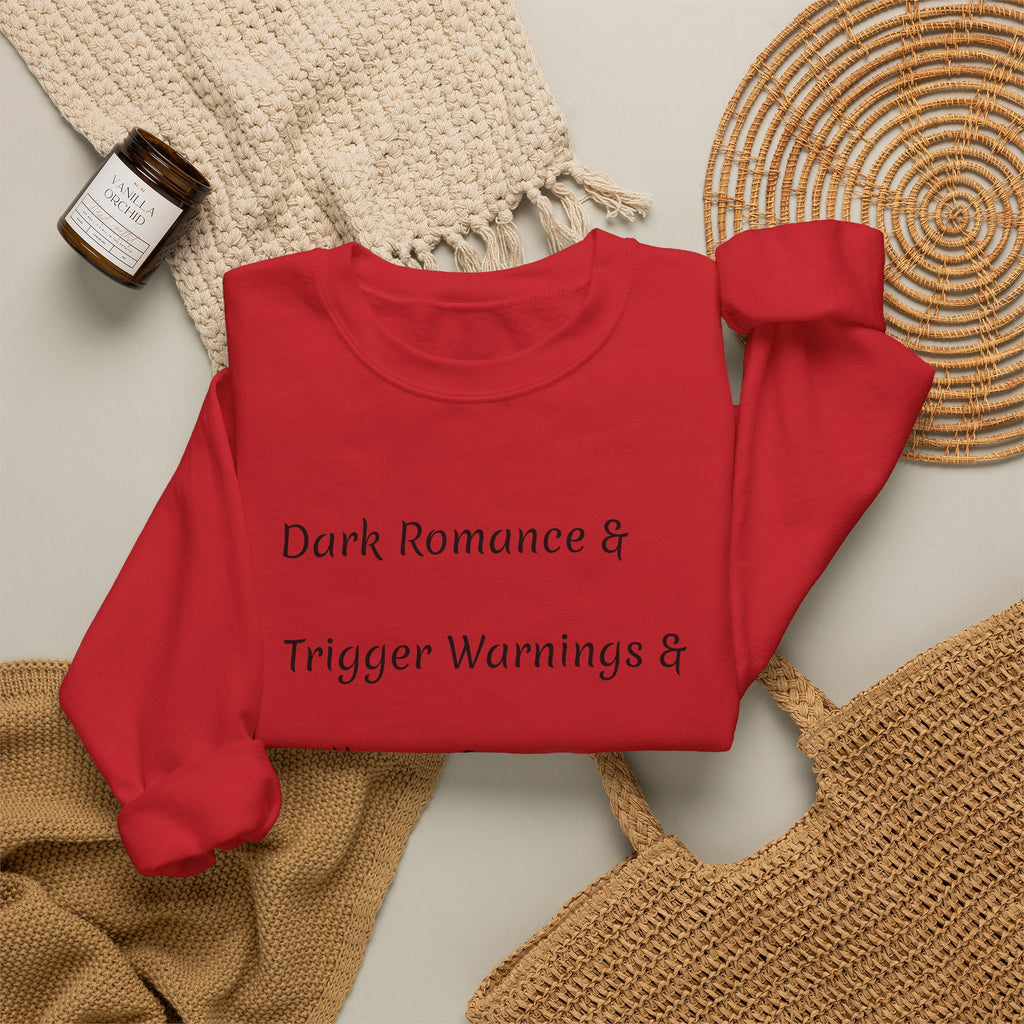 Crewneck Sweatshirt — 'Dark Romance & Trigger Warnings & Villains & Kidnapping & Reverse Harem' Minimal Text Design