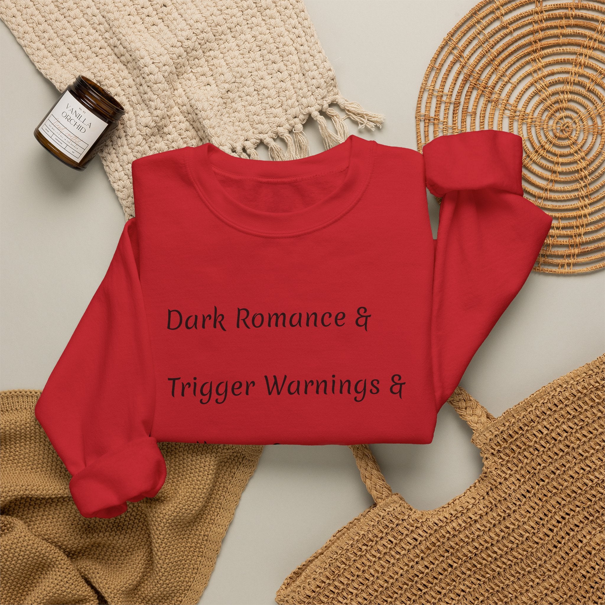 Crewneck Sweatshirt — 'Dark Romance & Trigger Warnings & Villains & Kidnapping & Reverse Harem' Minimal Text Design