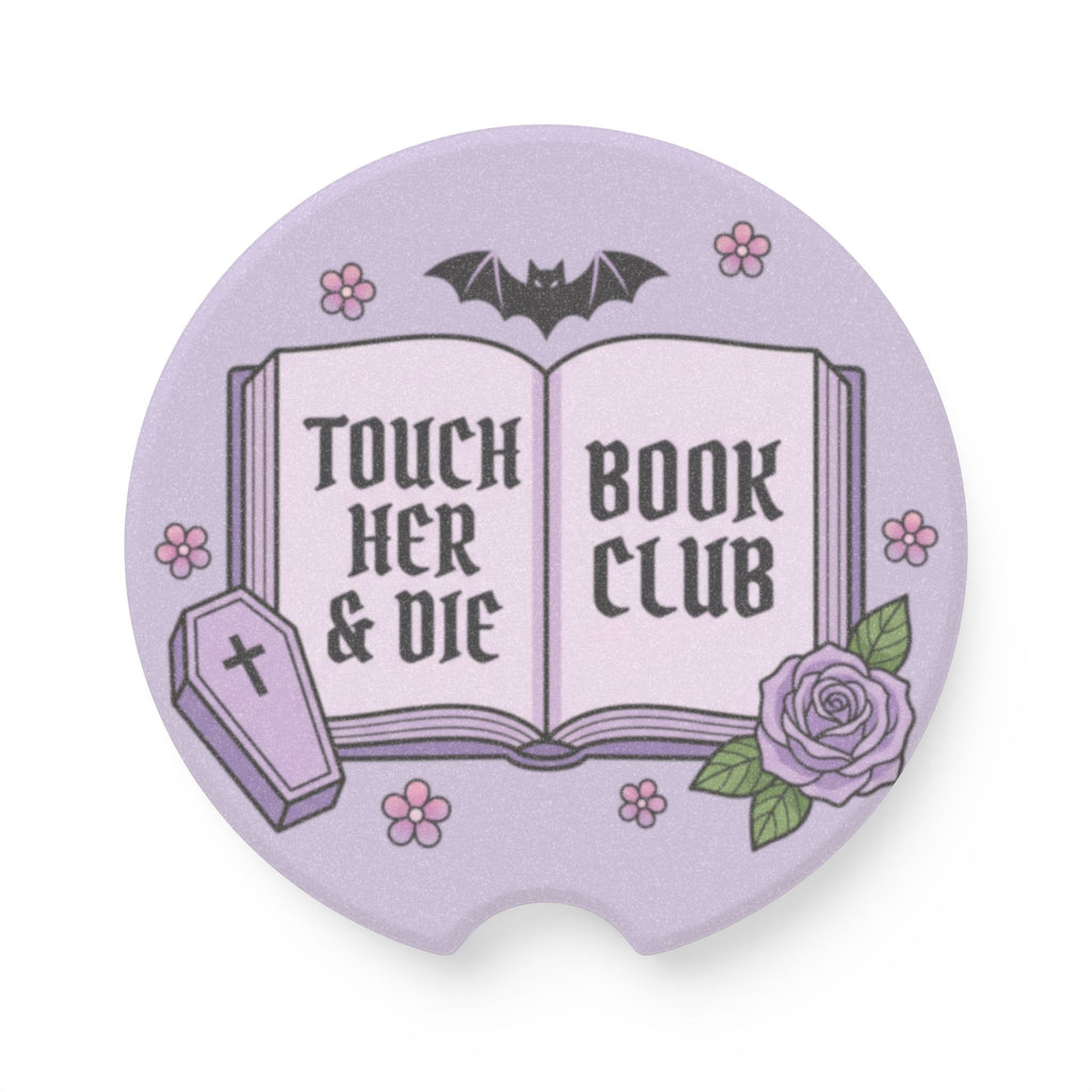 Gothic Book Club Soapstone Car Coaster — "Touch Her & Die" Purple Tombstone Design