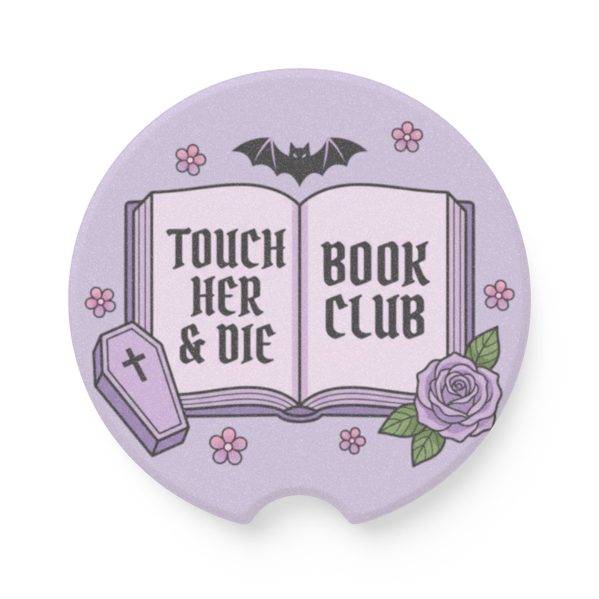 Gothic Book Club Soapstone Car Coaster — "Touch Her & Die" Purple Tombstone Design