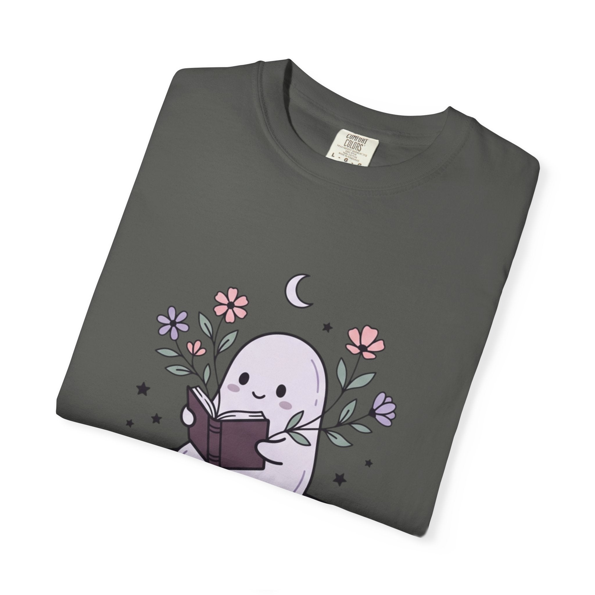 Ghost Reader T-Shirt — Cute Bookish Ghost Sitting on Stacked Books