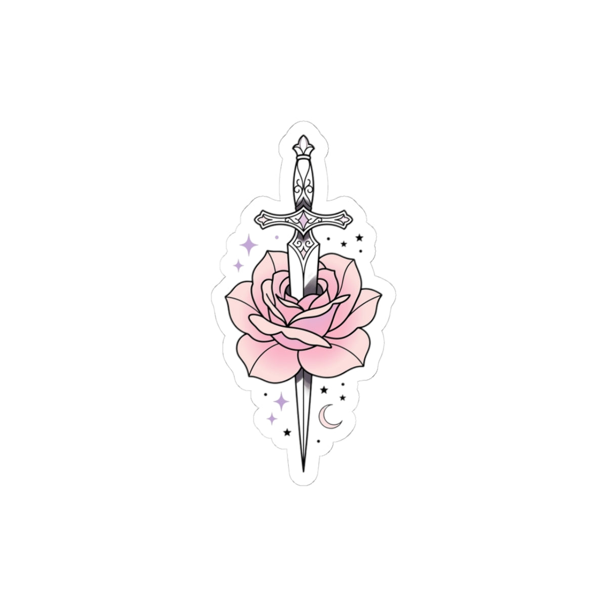 Sword Through Rose Kiss-Cut Sticker — Pink Floral Dagger Sticker for Laptops, Journals & Gift