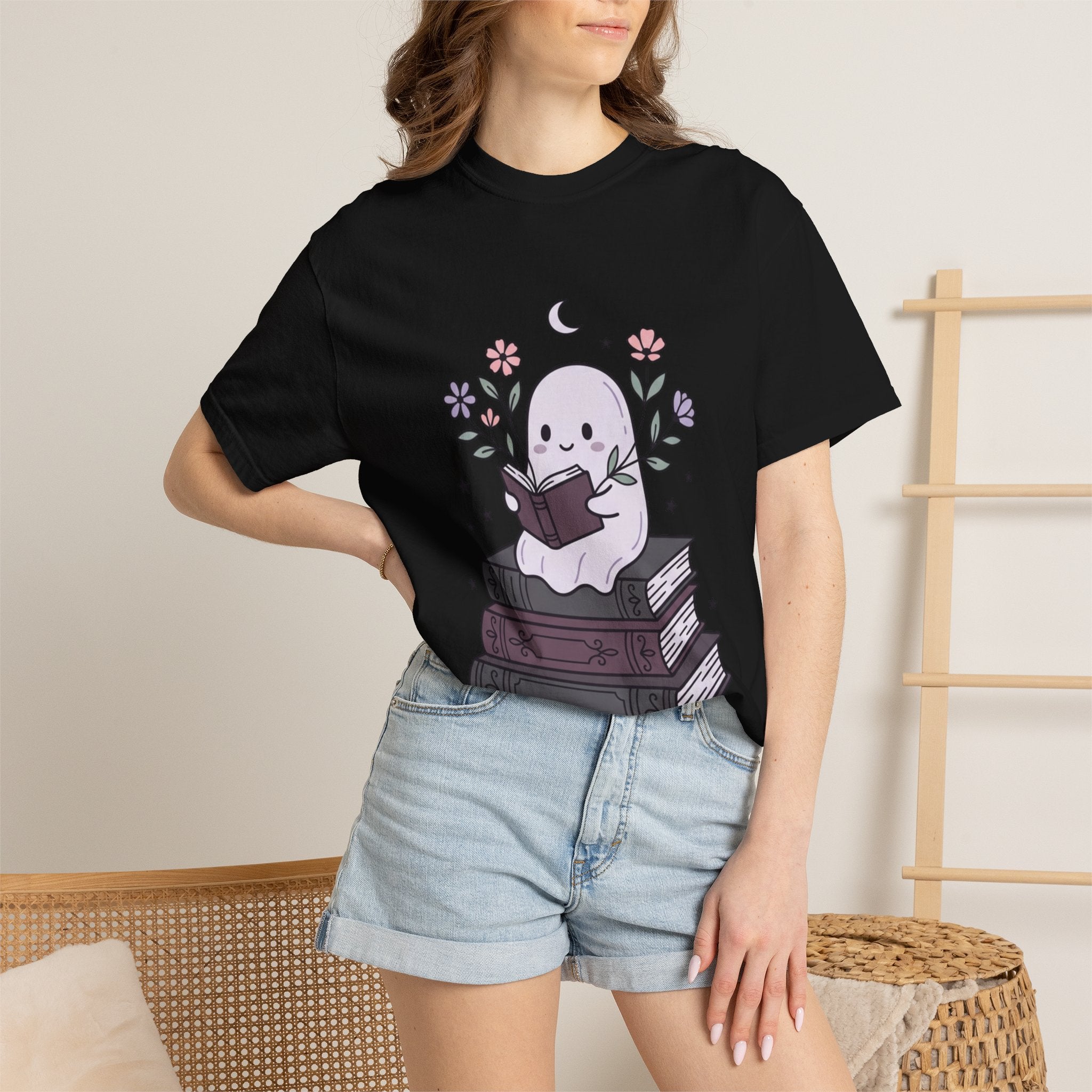 Ghost Reader T-Shirt — Cute Bookish Ghost Sitting on Stacked Books