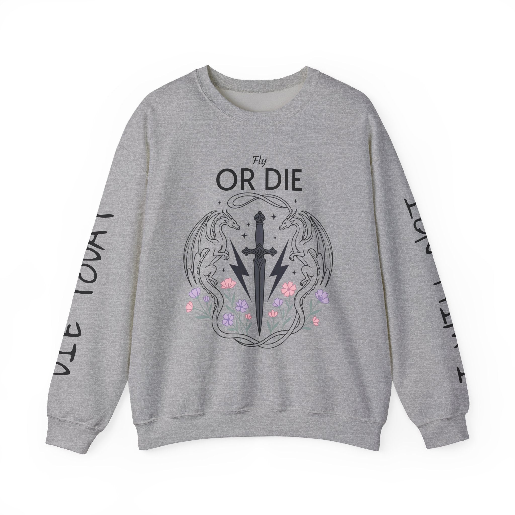 Fly or Die Crewneck Sweatshirt — Gothic Sword & Floral Heart Design