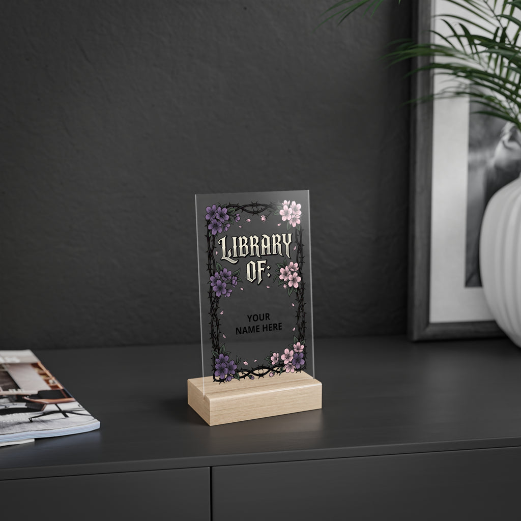 Personalized Gothic Library Acrylic Sign with Wooden Stand – "From the Library of: [Name]"