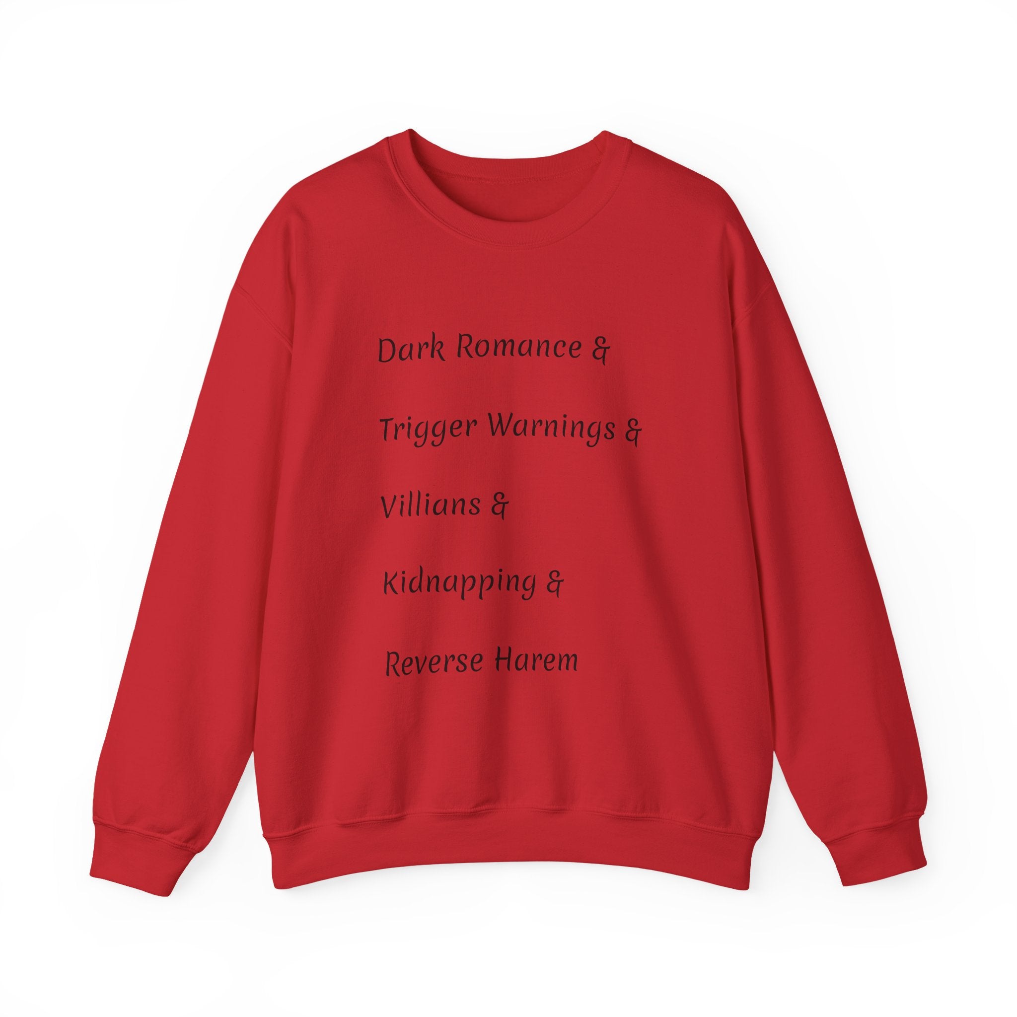 Crewneck Sweatshirt — 'Dark Romance & Trigger Warnings & Villains & Kidnapping & Reverse Harem' Minimal Text Design