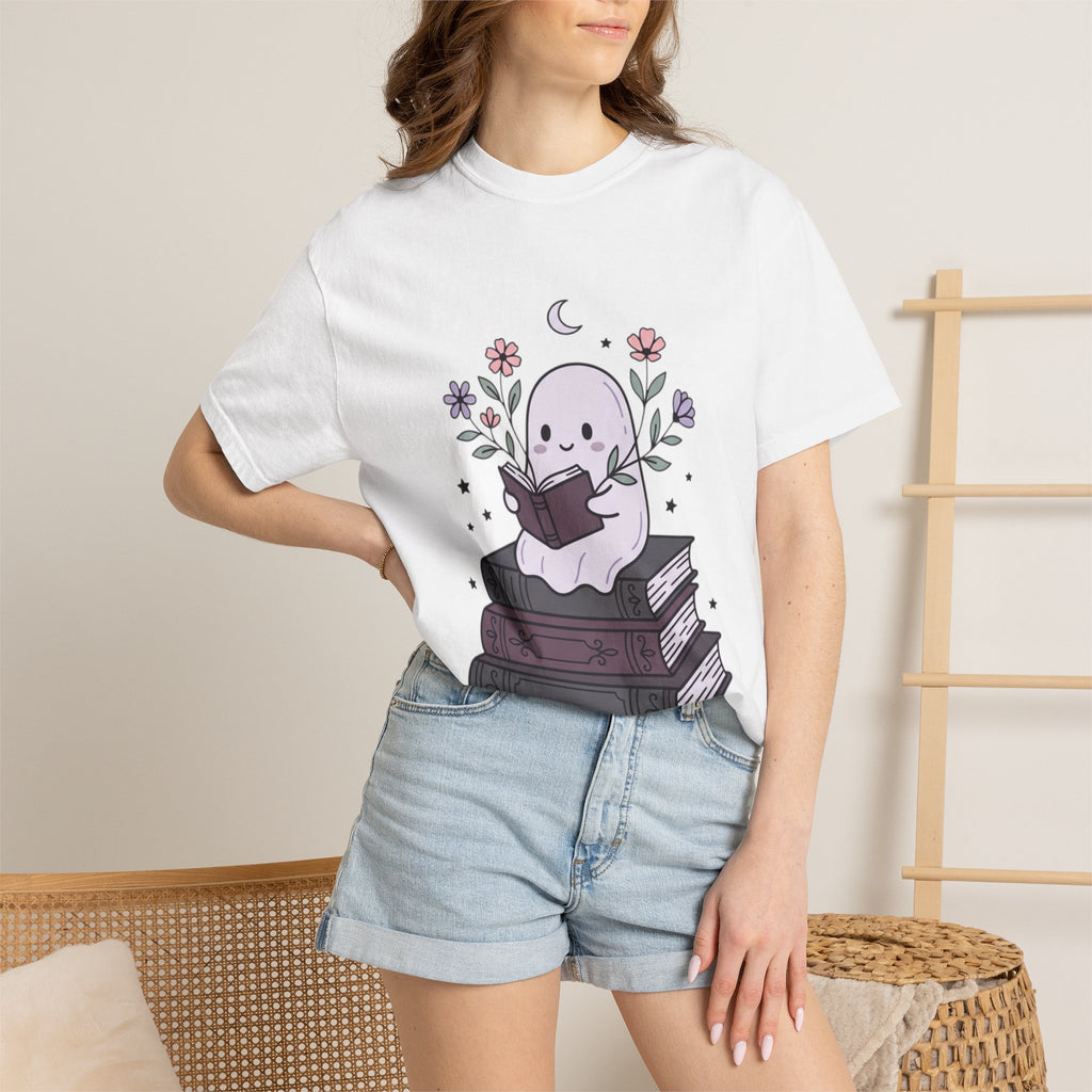 Ghost Reader T-Shirt — Cute Bookish Ghost Sitting on Stacked Books