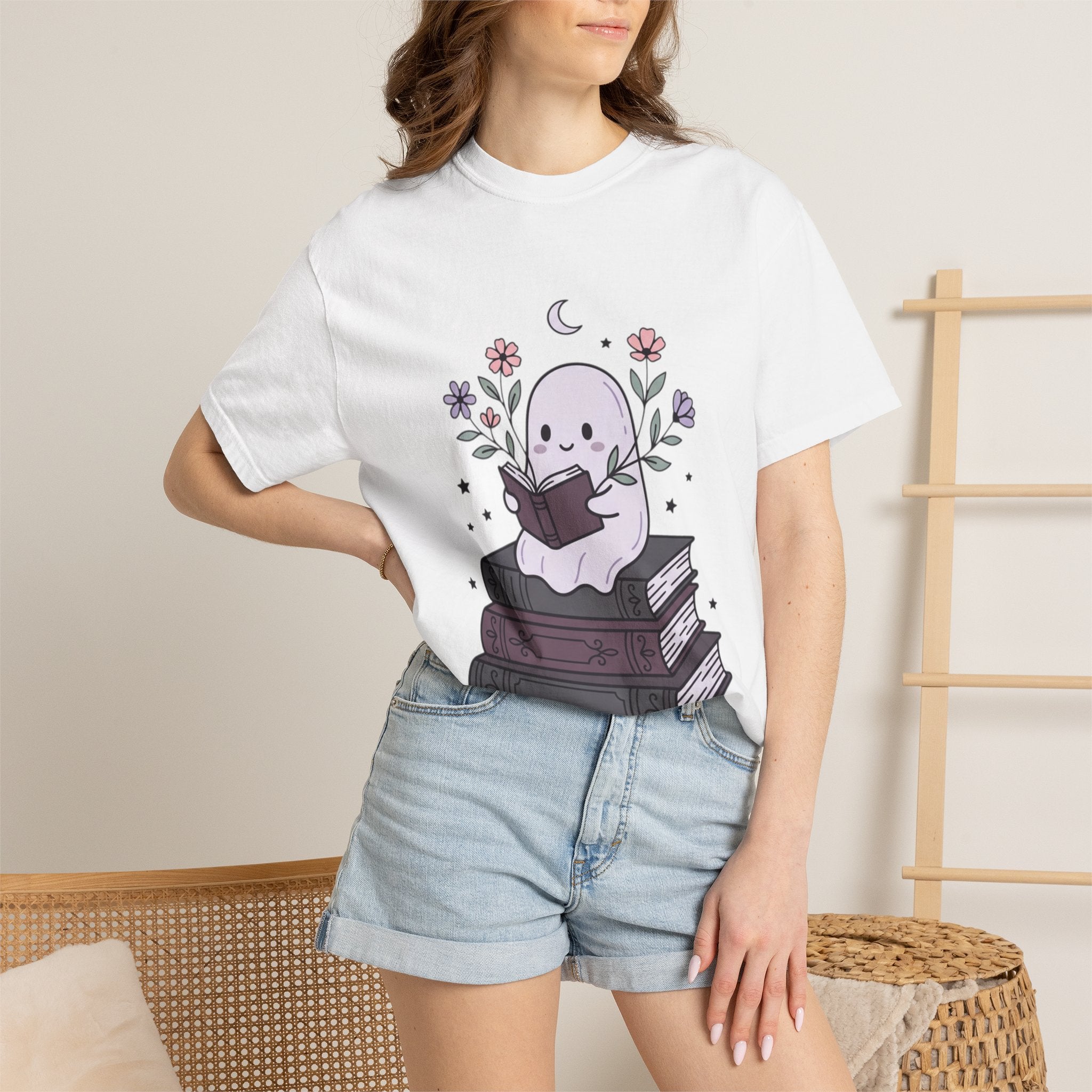 Ghost Reader T-Shirt — Cute Bookish Ghost Sitting on Stacked Books