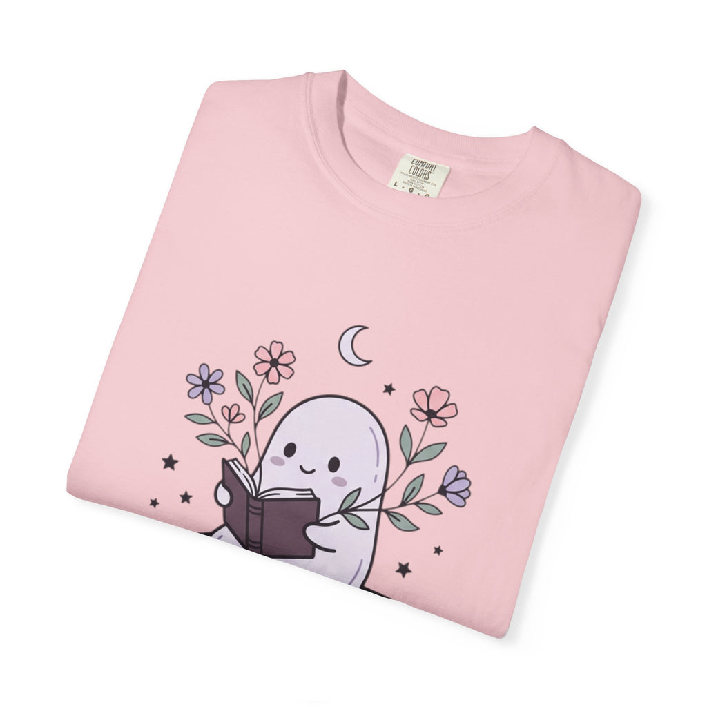Ghost Reader T-Shirt — Cute Bookish Ghost Sitting on Stacked Books