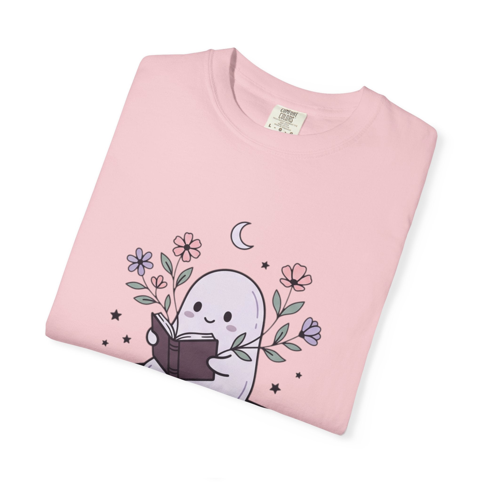 Ghost Reader T-Shirt — Cute Bookish Ghost Sitting on Stacked Books