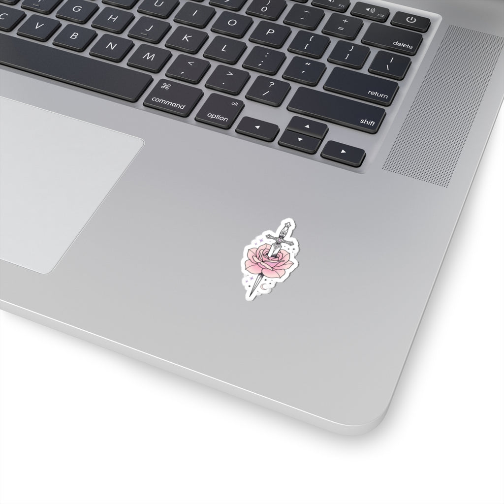 Sword Through Rose Kiss-Cut Sticker — Pink Floral Dagger Sticker for Laptops, Journals & Gift