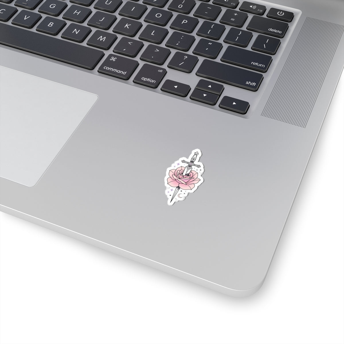 Sword Through Rose Kiss-Cut Sticker — Pink Floral Dagger Sticker for Laptops, Journals & Gift