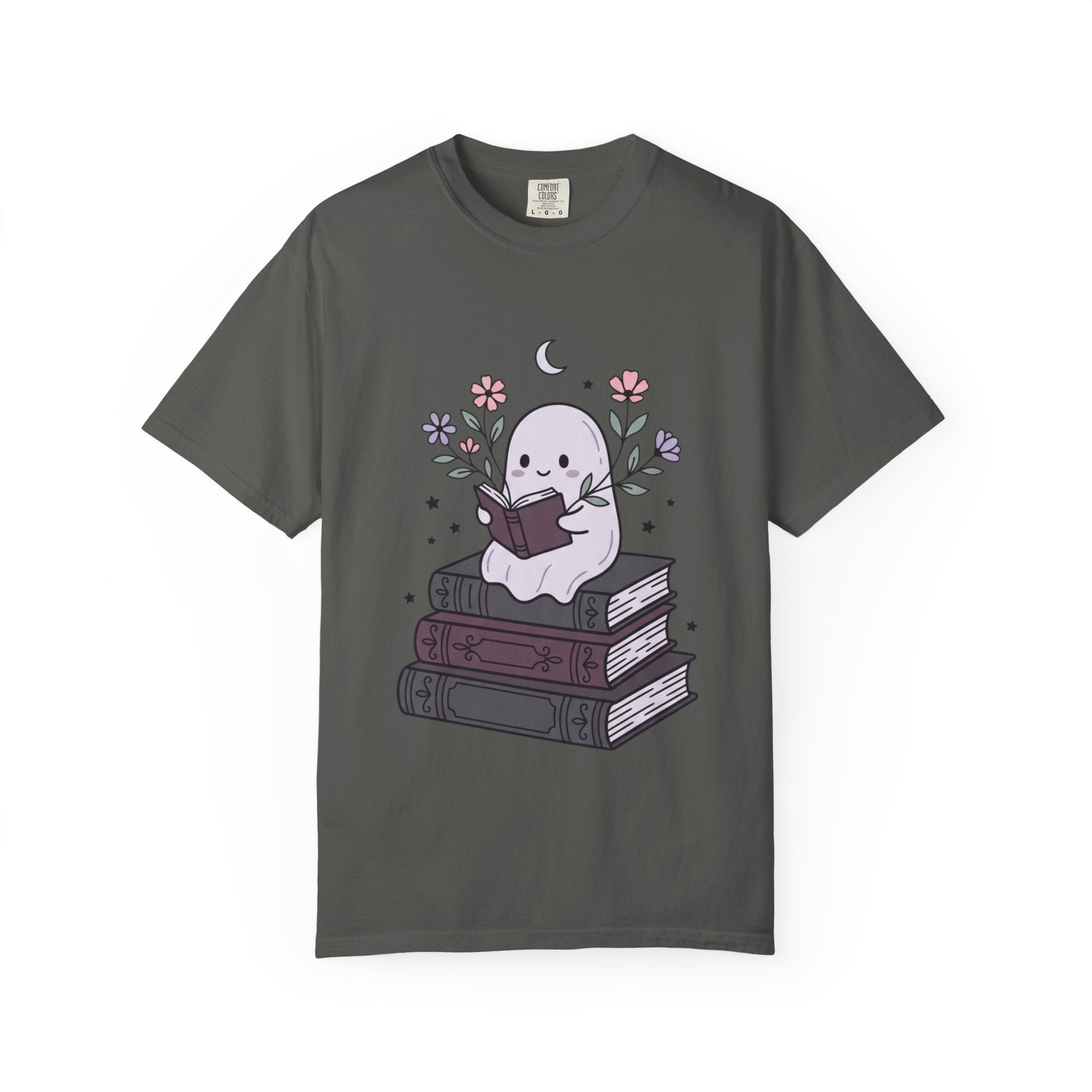 Ghost Reader T-Shirt — Cute Bookish Ghost Sitting on Stacked Books