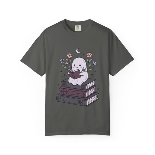 Ghost Reader T-Shirt — Cute Bookish Ghost Sitting on Stacked Books