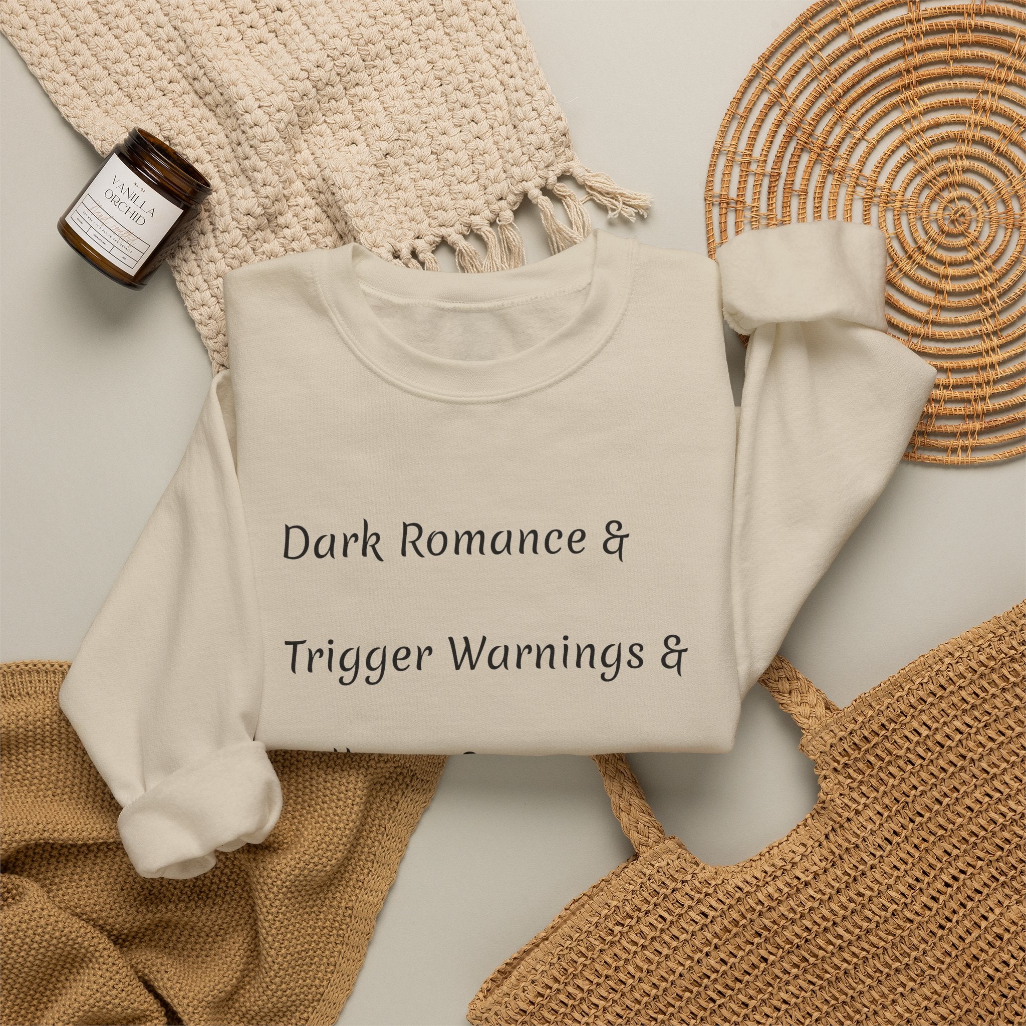 Crewneck Sweatshirt — 'Dark Romance & Trigger Warnings & Villains & Kidnapping & Reverse Harem' Minimal Text Design