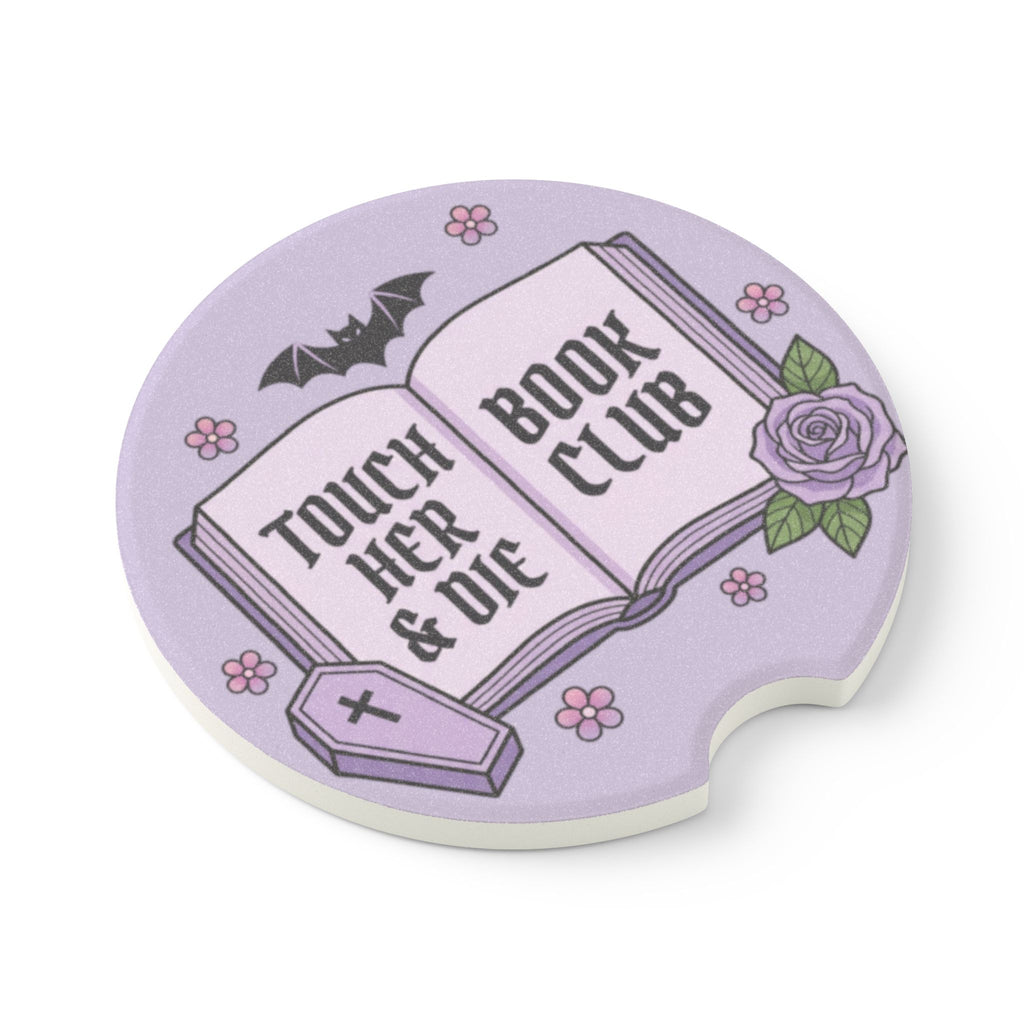 Gothic Book Club Soapstone Car Coaster — "Touch Her & Die" Purple Tombstone Design