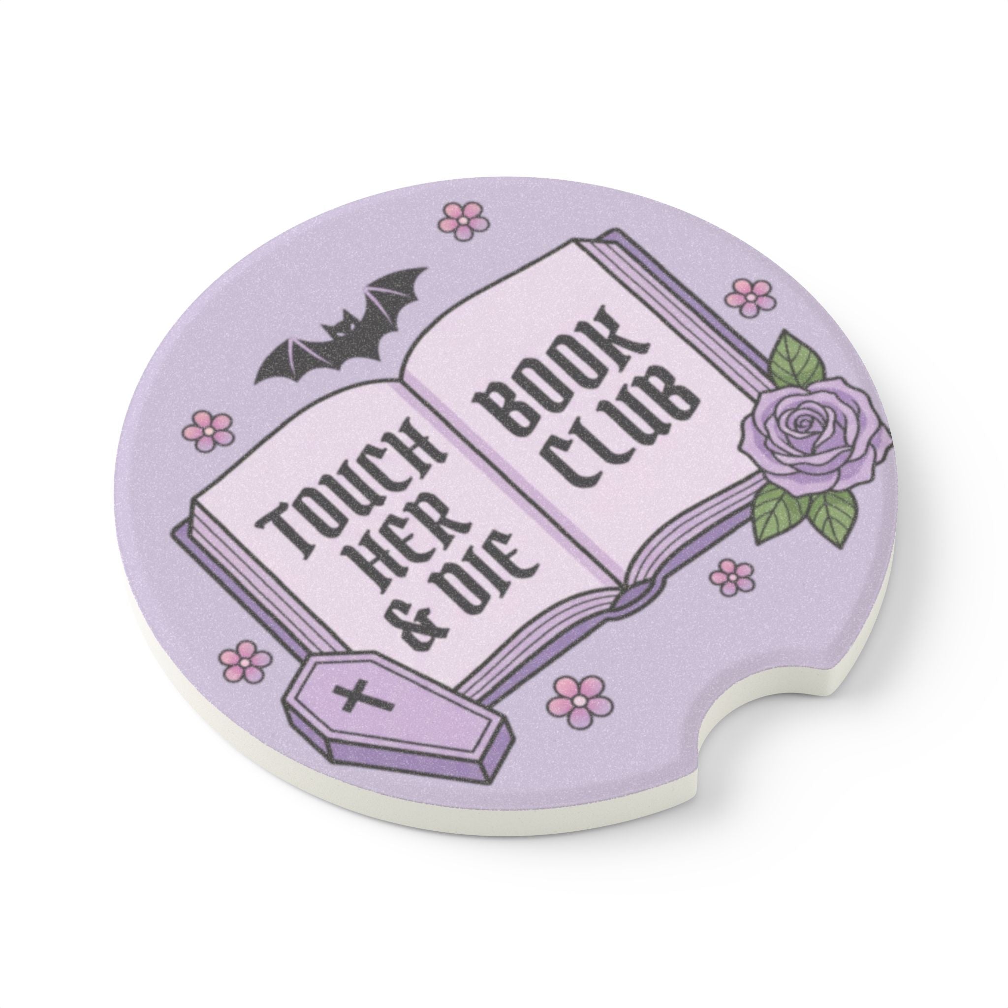 Gothic Book Club Soapstone Car Coaster — "Touch Her & Die" Purple Tombstone Design