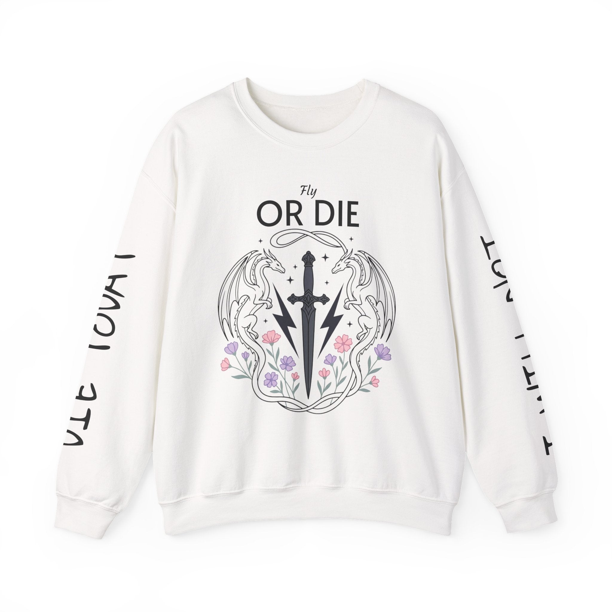 Fly or Die Crewneck Sweatshirt — Gothic Sword & Floral Heart Design