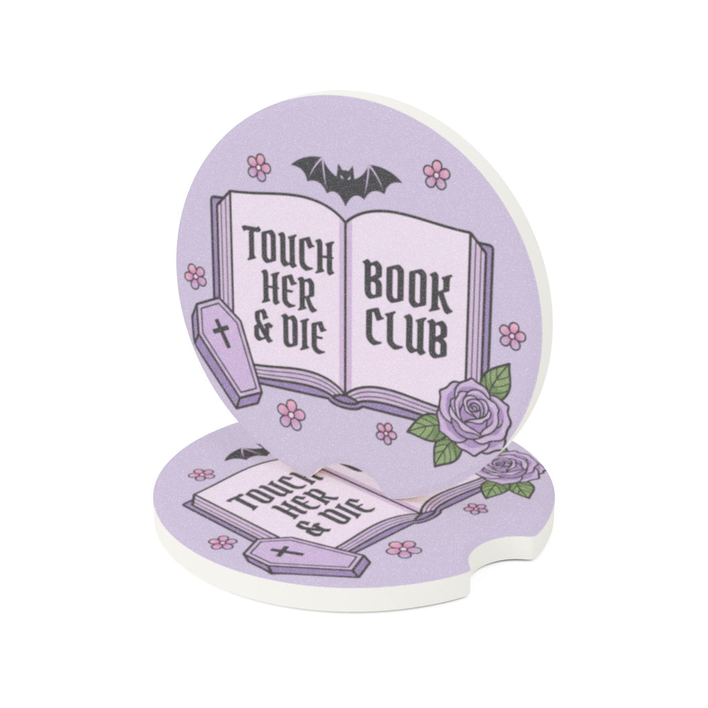Gothic Book Club Soapstone Car Coaster — "Touch Her & Die" Purple Tombstone Design