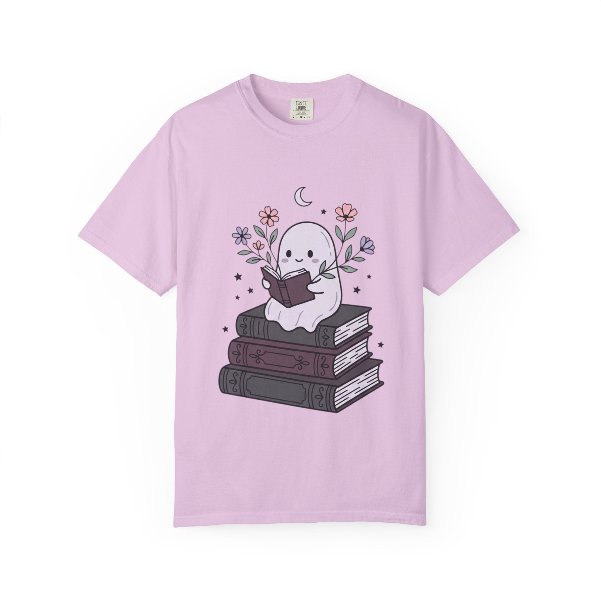 Ghost Reader T-Shirt — Cute Bookish Ghost Sitting on Stacked Books