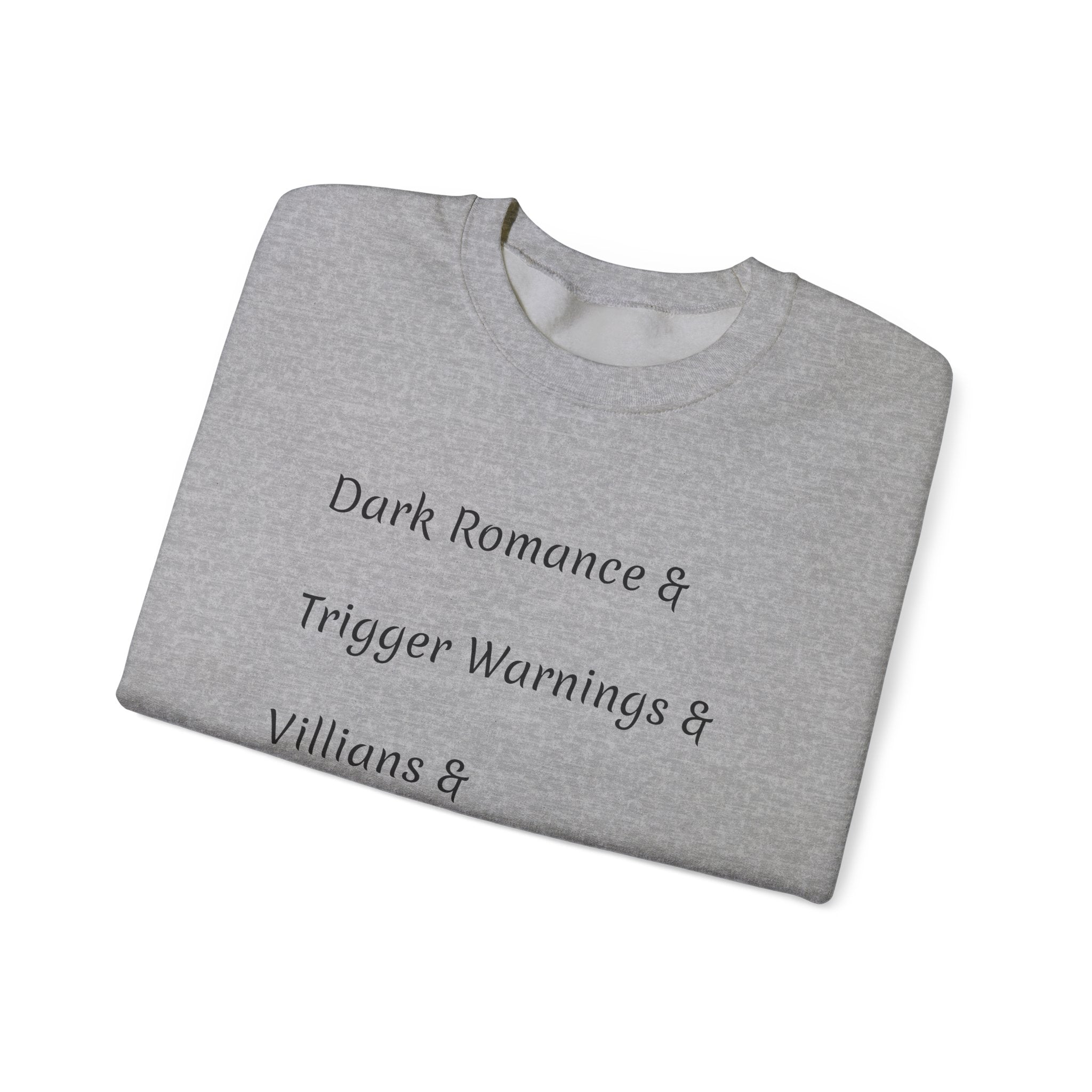 Crewneck Sweatshirt — 'Dark Romance & Trigger Warnings & Villains & Kidnapping & Reverse Harem' Minimal Text Design