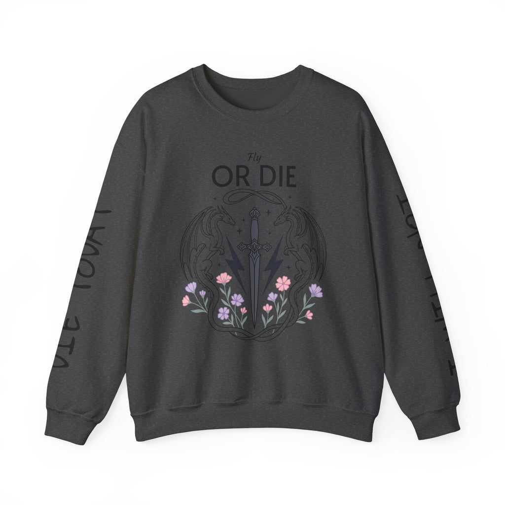Fly or Die Crewneck Sweatshirt — Gothic Sword & Floral Heart Design