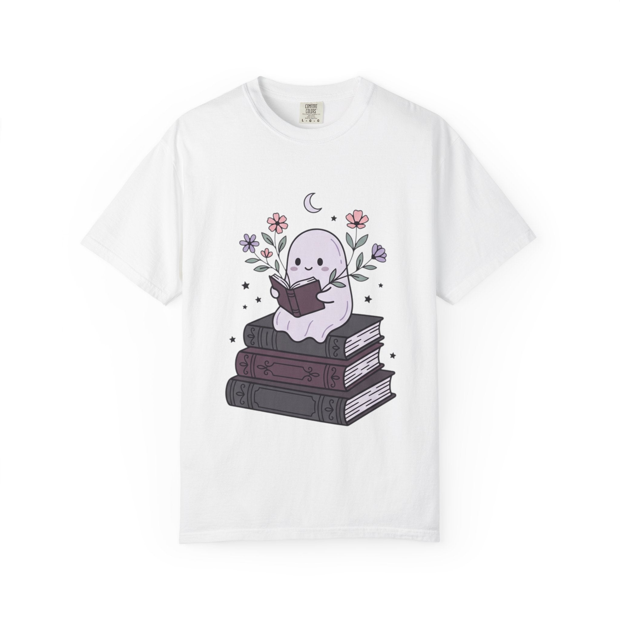 Ghost Reader T-Shirt — Cute Bookish Ghost Sitting on Stacked Books