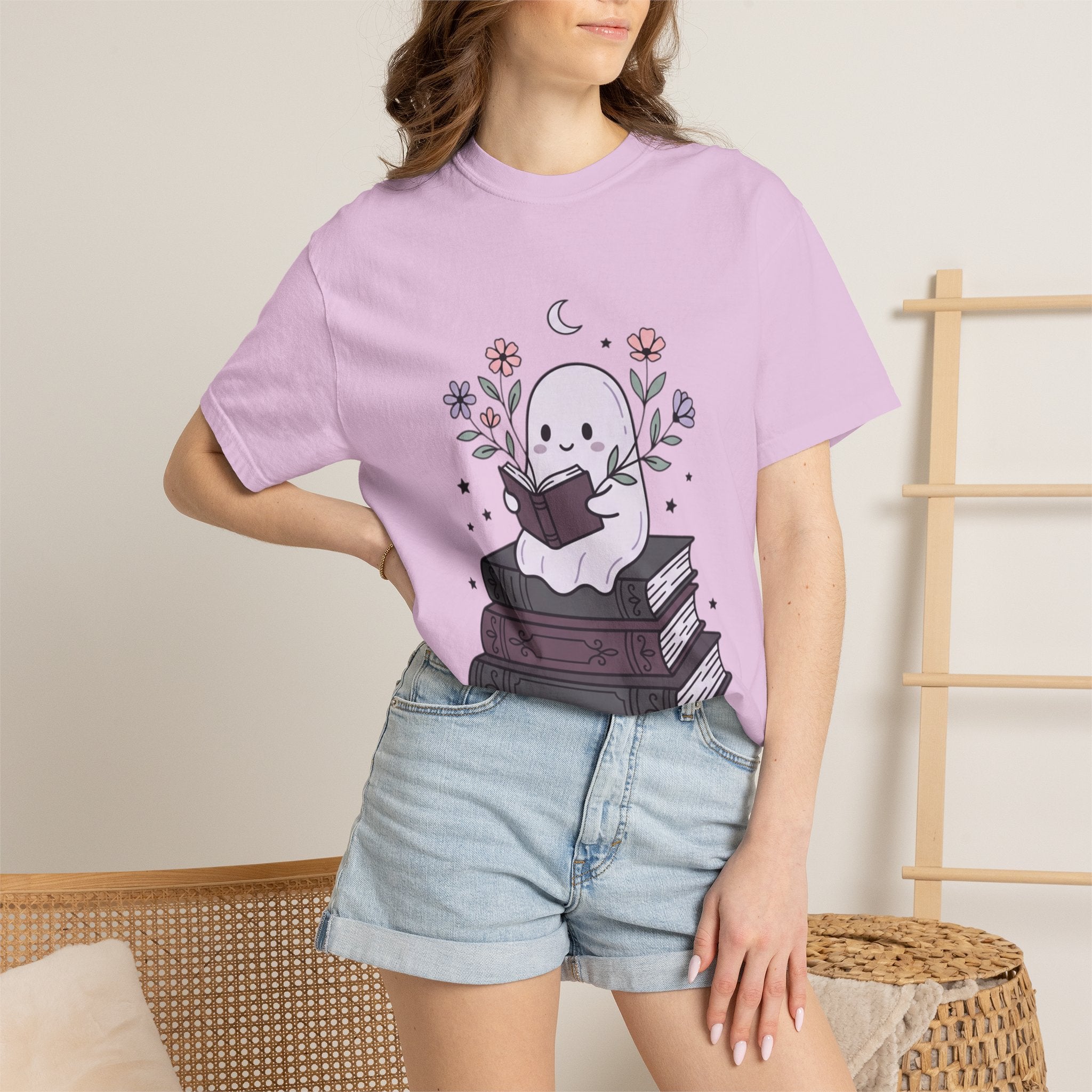 Ghost Reader T-Shirt — Cute Bookish Ghost Sitting on Stacked Books