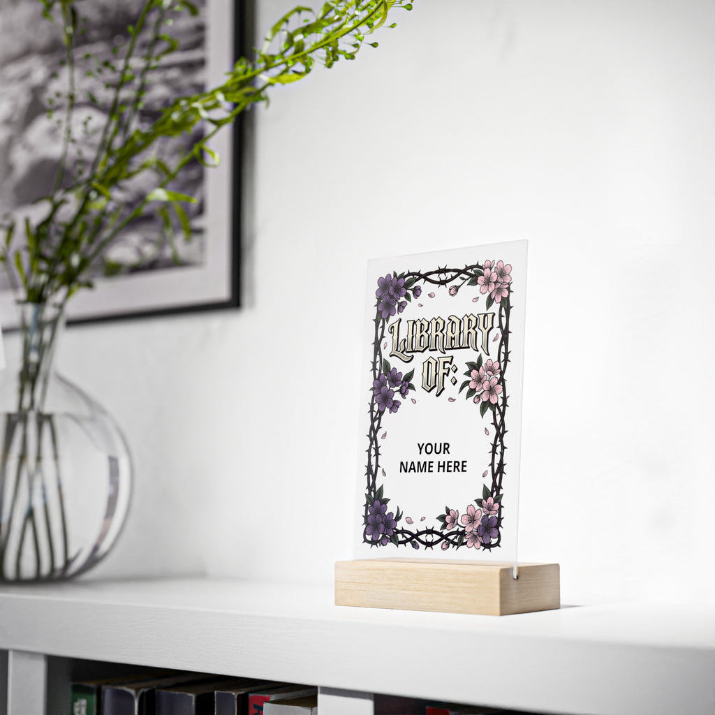Personalized Gothic Library Acrylic Sign with Wooden Stand – "From the Library of: [Name]"
