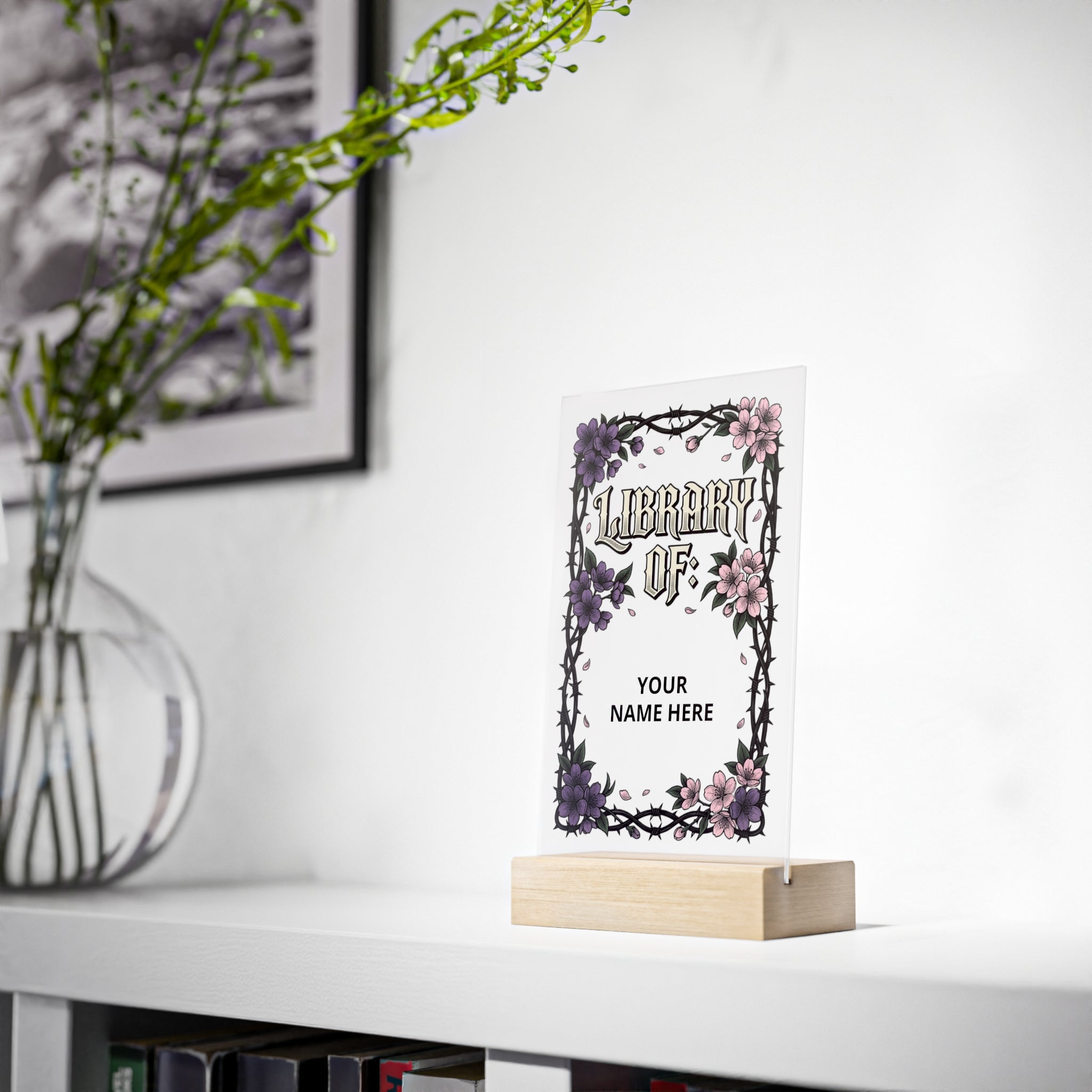 Personalized Gothic Library Acrylic Sign with Wooden Stand – "From the Library of: [Name]"