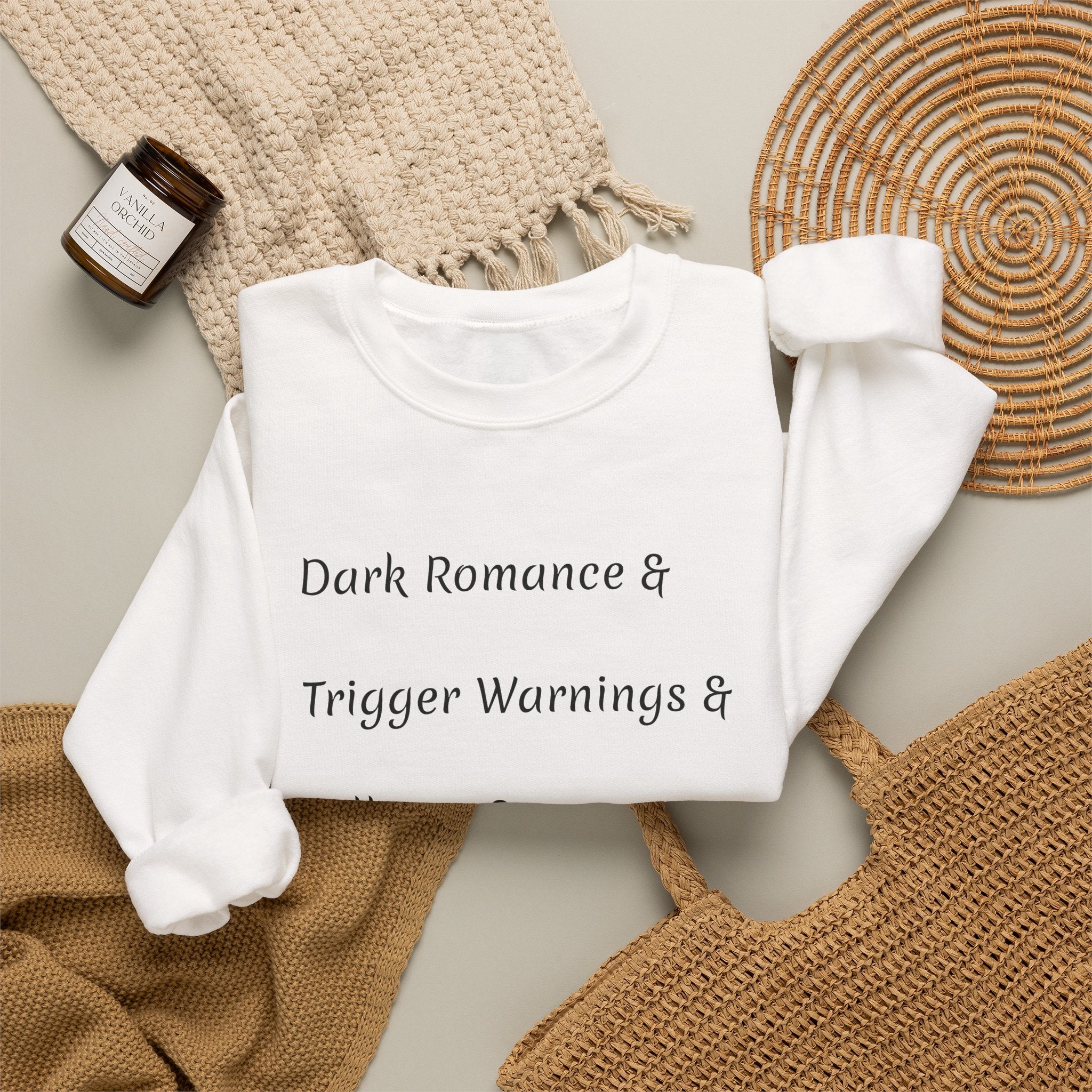 Crewneck Sweatshirt — 'Dark Romance & Trigger Warnings & Villains & Kidnapping & Reverse Harem' Minimal Text Design