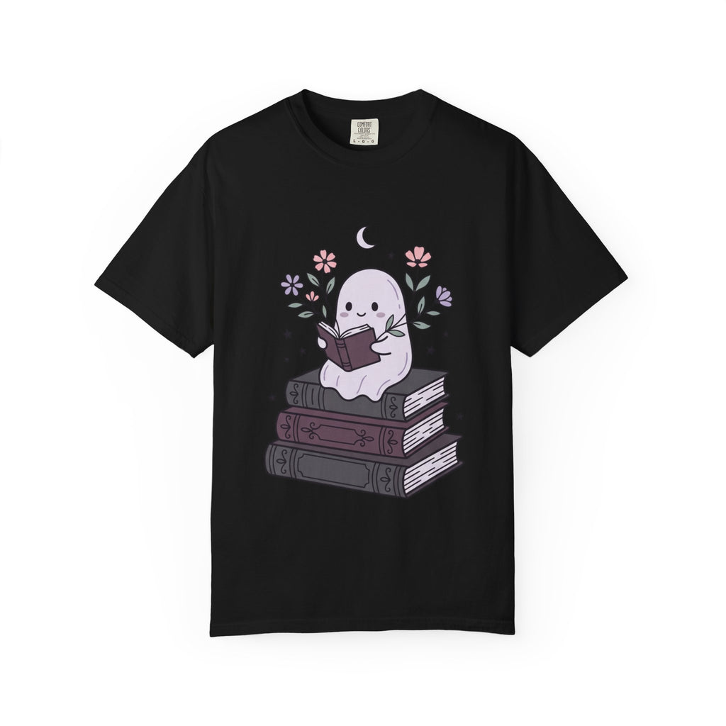 Ghost Reader T-Shirt — Cute Bookish Ghost Sitting on Stacked Books