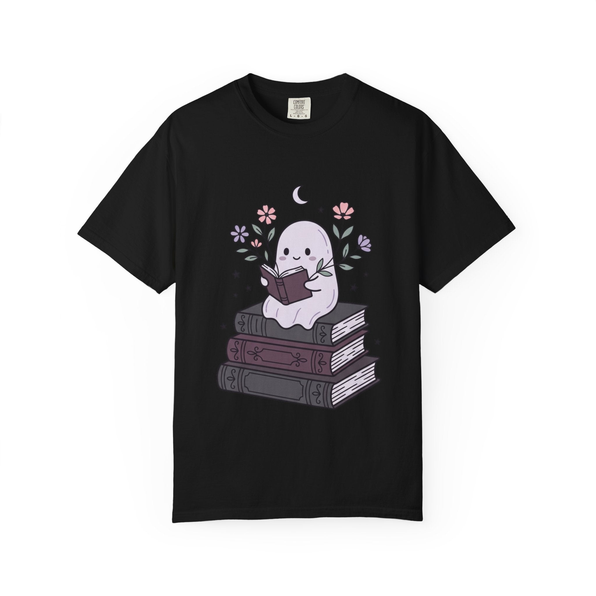 Ghost Reader T-Shirt — Cute Bookish Ghost Sitting on Stacked Books
