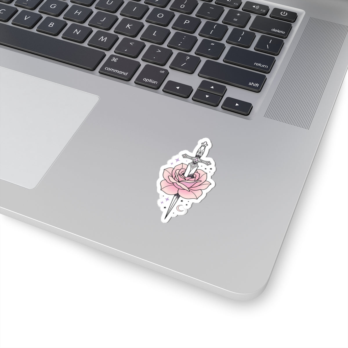 Sword Through Rose Kiss-Cut Sticker — Pink Floral Dagger Sticker for Laptops, Journals & Gift