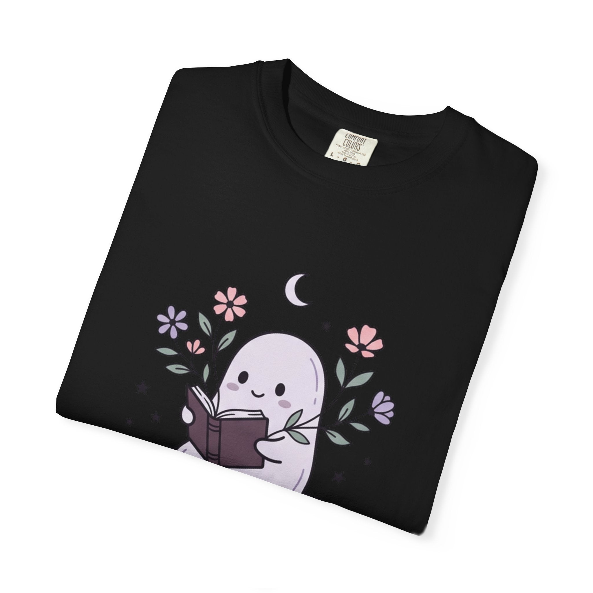 Ghost Reader T-Shirt — Cute Bookish Ghost Sitting on Stacked Books