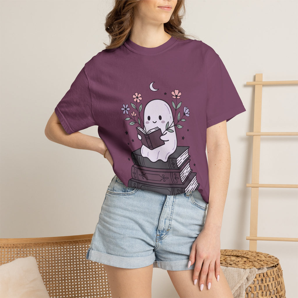 Ghost Reader T-Shirt — Cute Bookish Ghost Sitting on Stacked Books