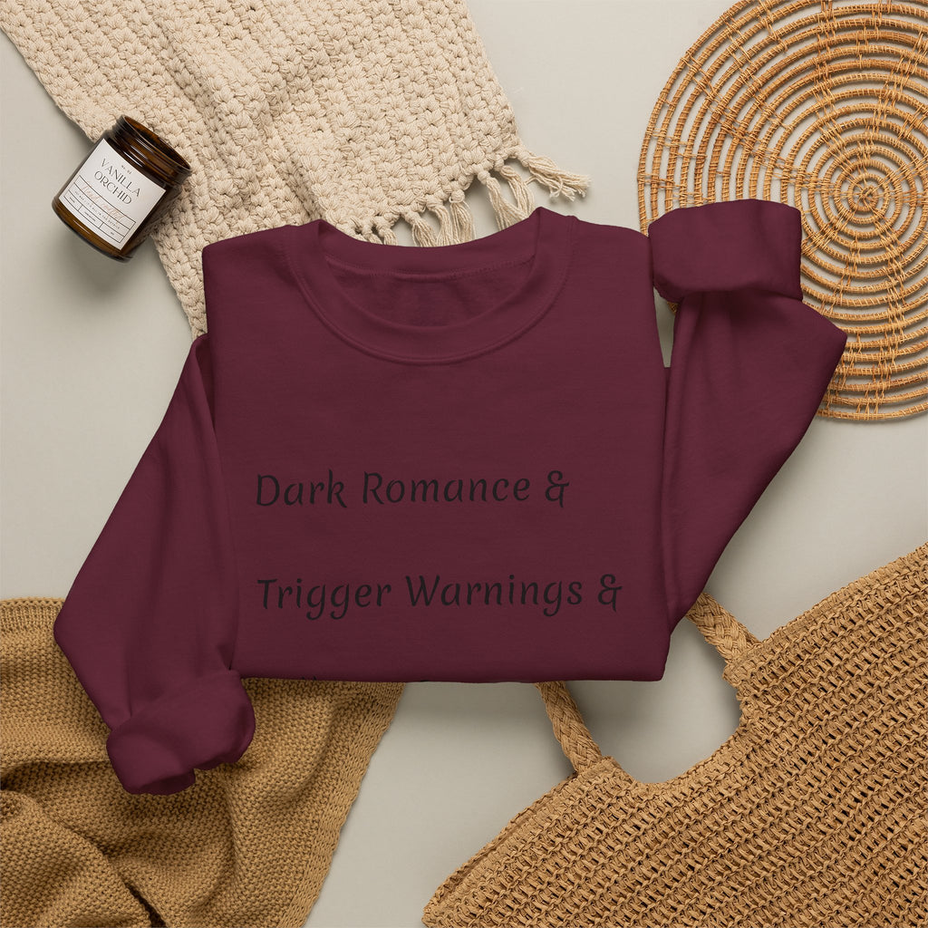 Crewneck Sweatshirt — 'Dark Romance & Trigger Warnings & Villains & Kidnapping & Reverse Harem' Minimal Text Design
