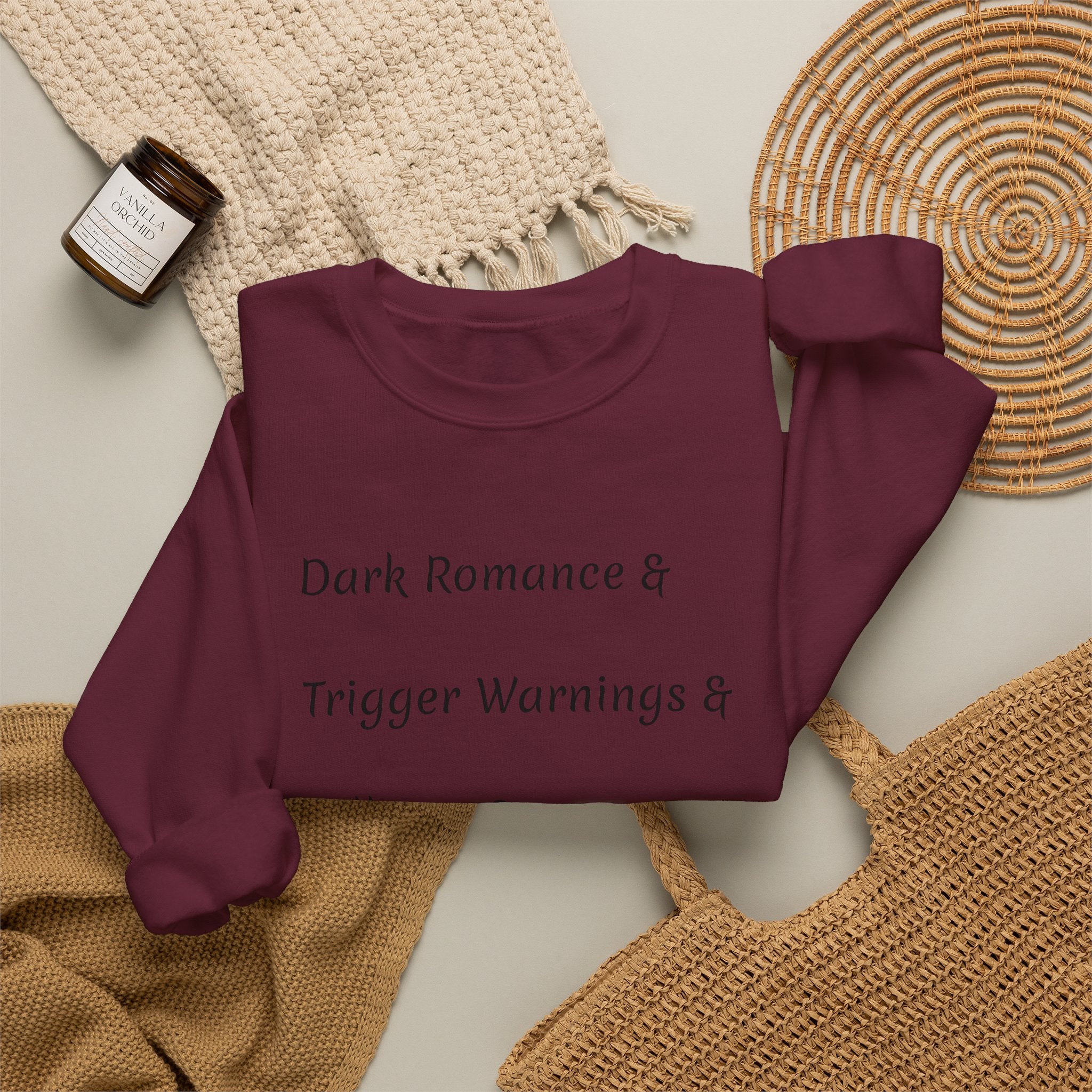 Crewneck Sweatshirt — 'Dark Romance & Trigger Warnings & Villains & Kidnapping & Reverse Harem' Minimal Text Design