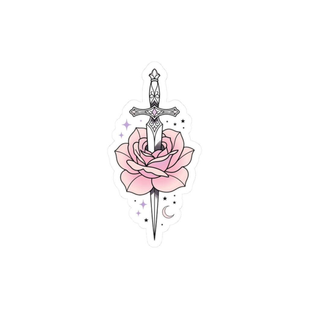 Sword Through Rose Kiss-Cut Sticker — Pink Floral Dagger Sticker for Laptops, Journals & Gift