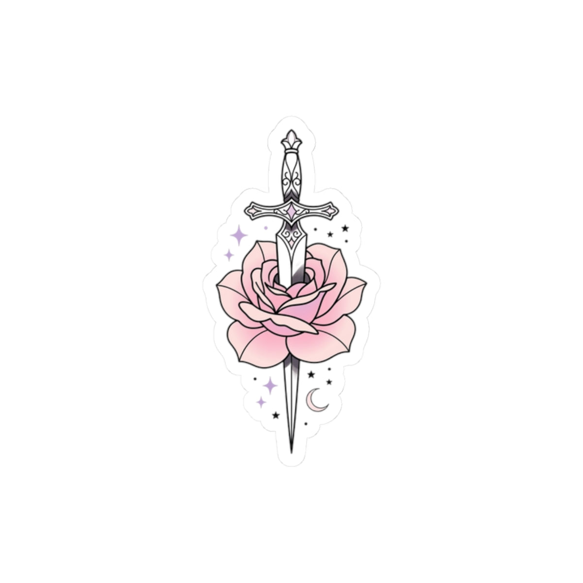 Sword Through Rose Kiss-Cut Sticker — Pink Floral Dagger Sticker for Laptops, Journals & Gift