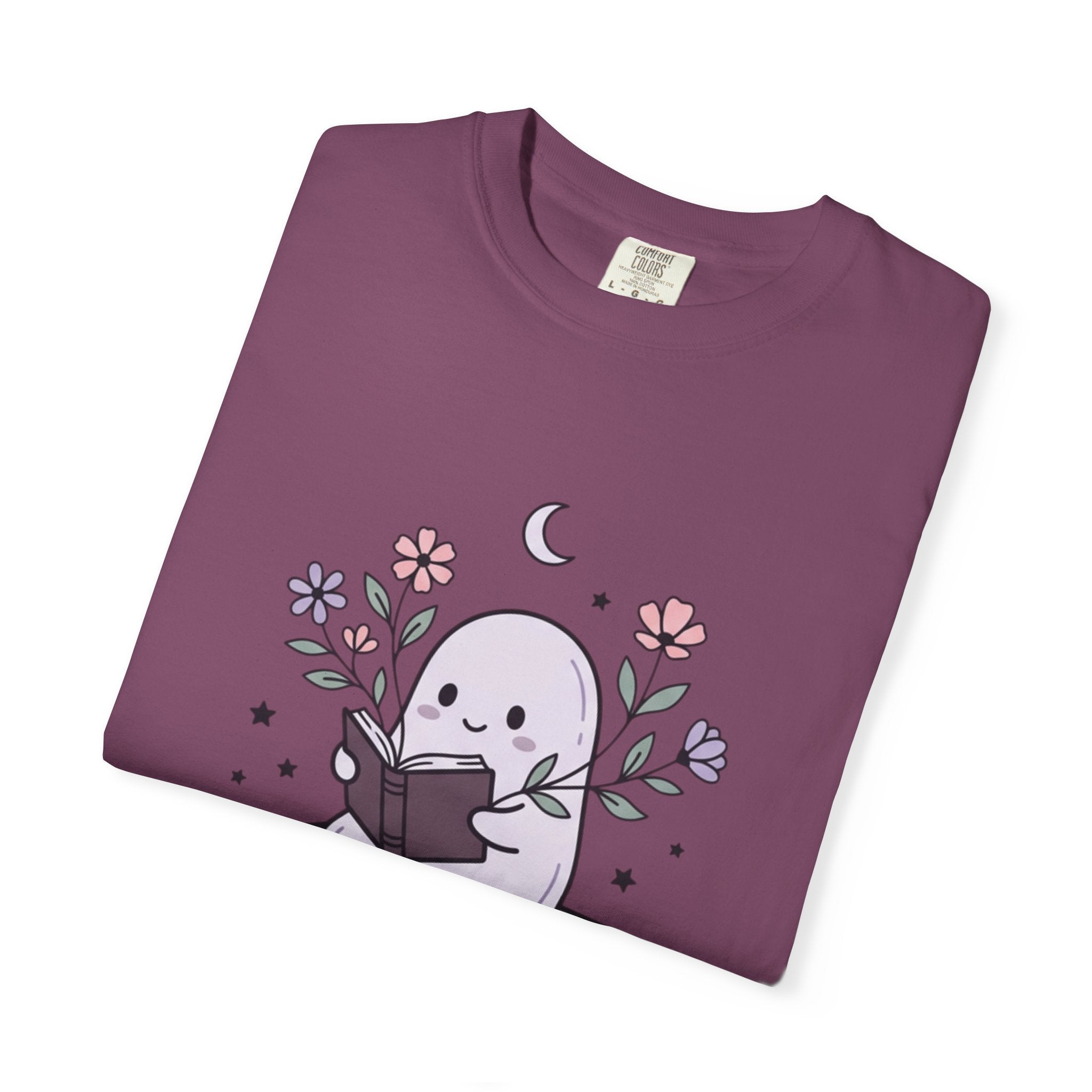 Ghost Reader T-Shirt — Cute Bookish Ghost Sitting on Stacked Books
