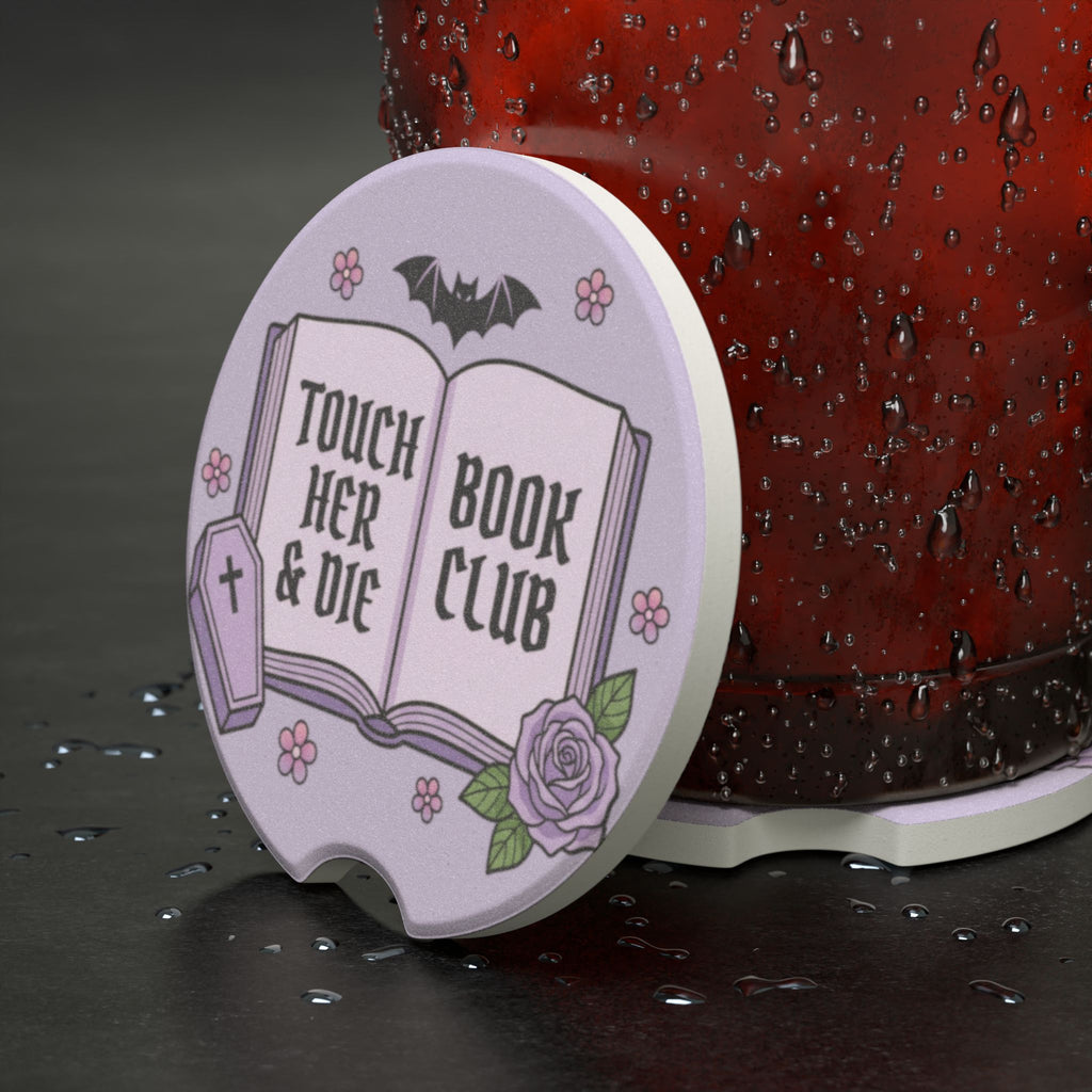Gothic Book Club Soapstone Car Coaster — "Touch Her & Die" Purple Tombstone Design