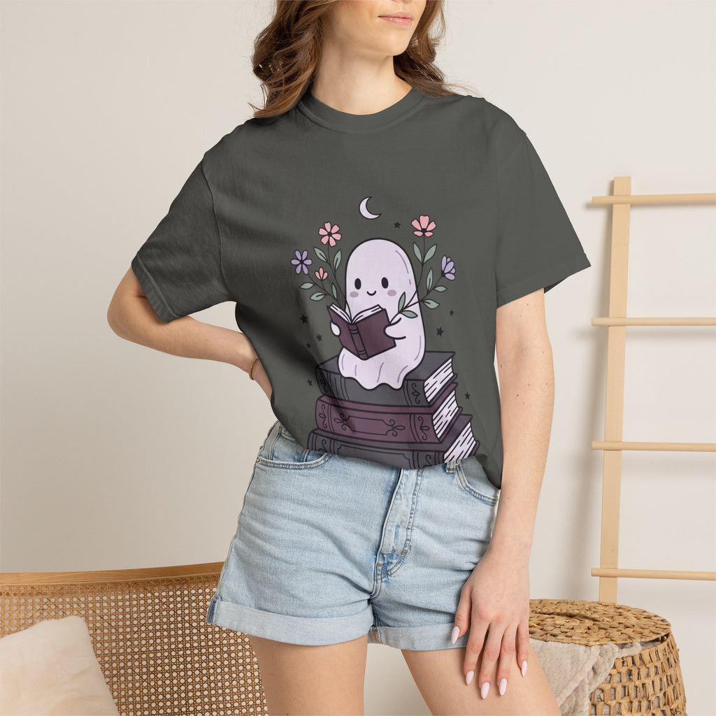 Ghost Reader T-Shirt — Cute Bookish Ghost Sitting on Stacked Books