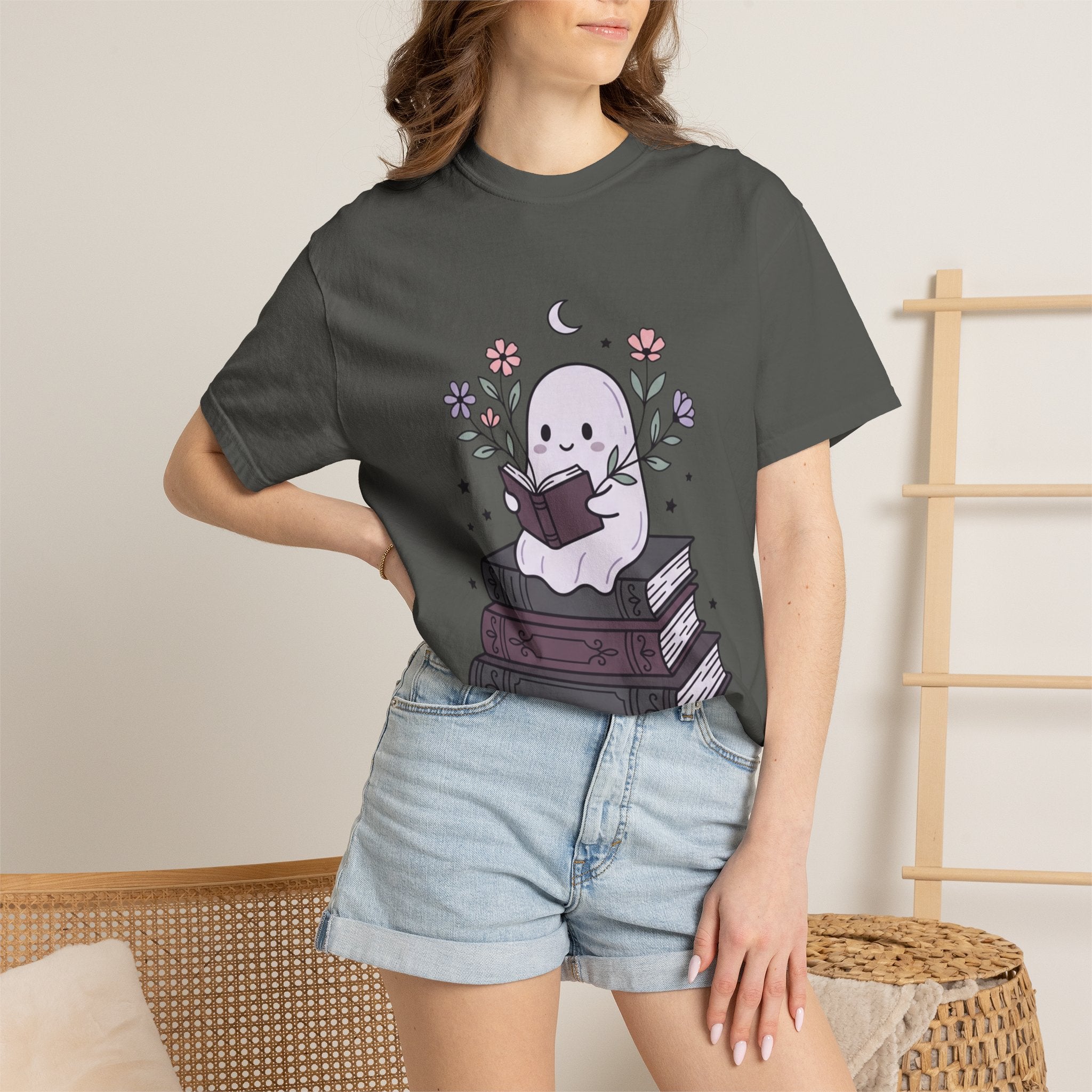 Ghost Reader T-Shirt — Cute Bookish Ghost Sitting on Stacked Books