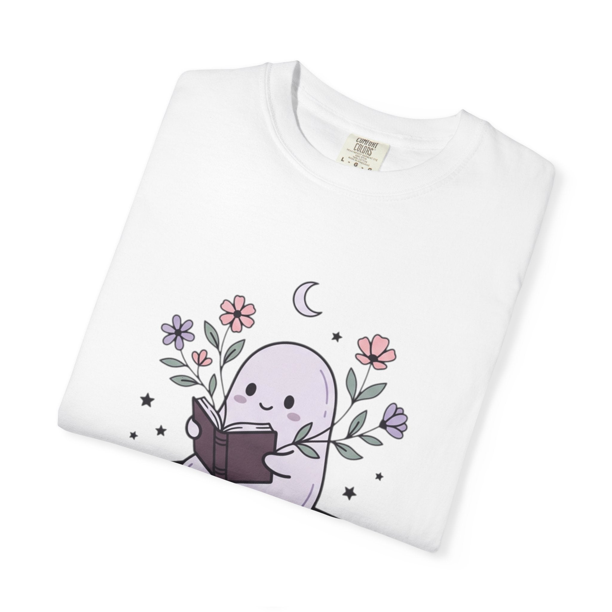Ghost Reader T-Shirt — Cute Bookish Ghost Sitting on Stacked Books