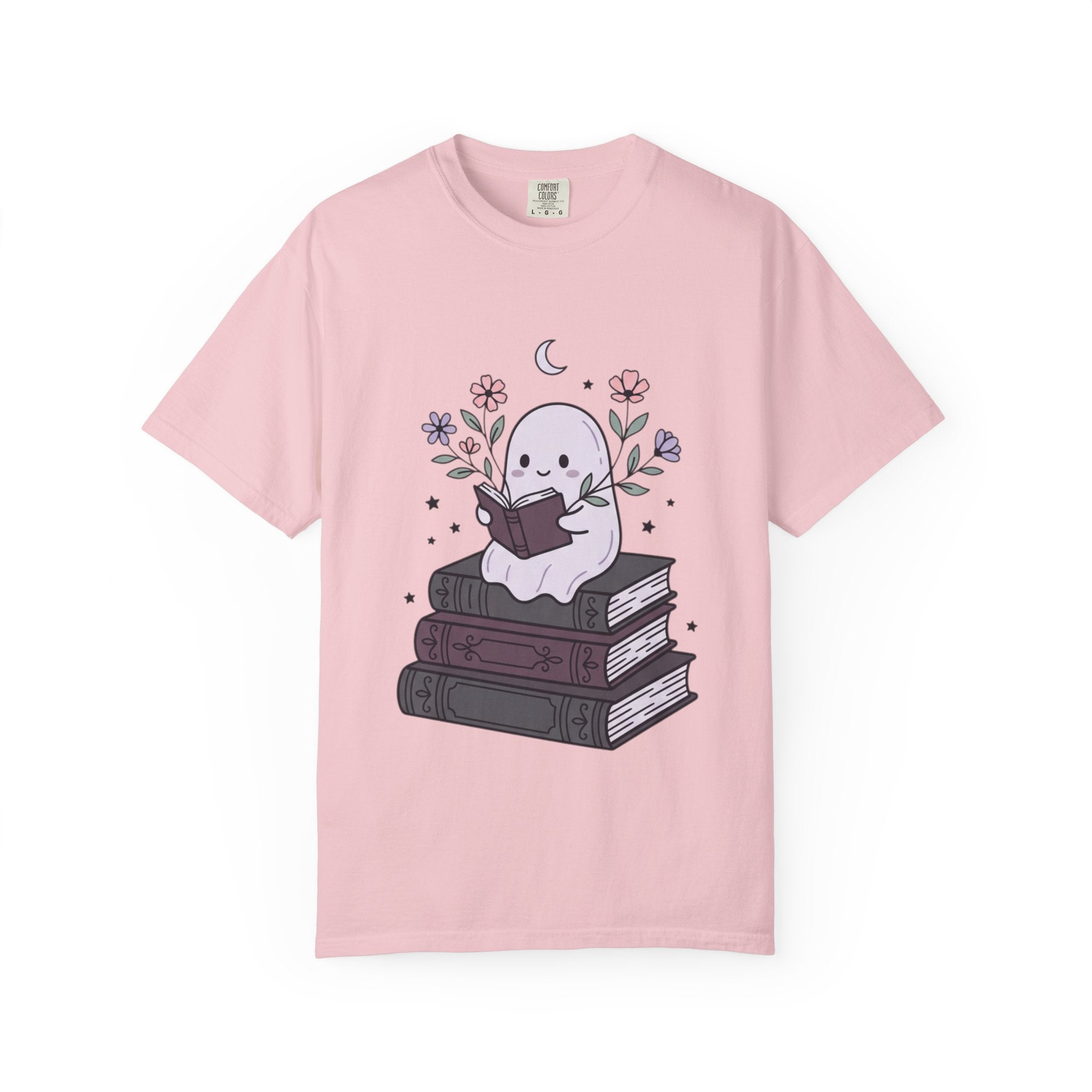 Ghost Reader T-Shirt — Cute Bookish Ghost Sitting on Stacked Books